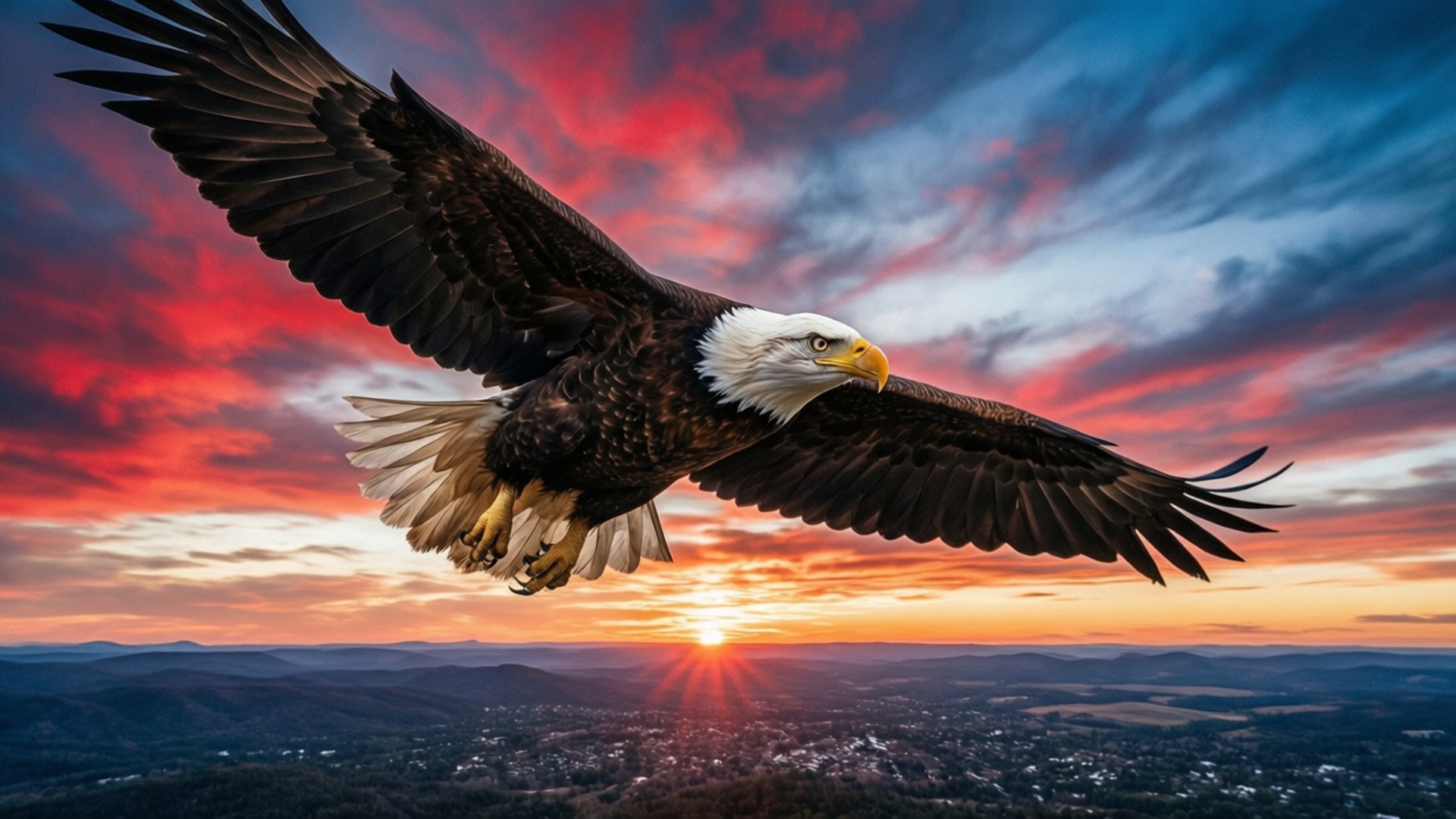 bald eagle, fiery sunset, valley town, Full HD Desktop Wallpaper