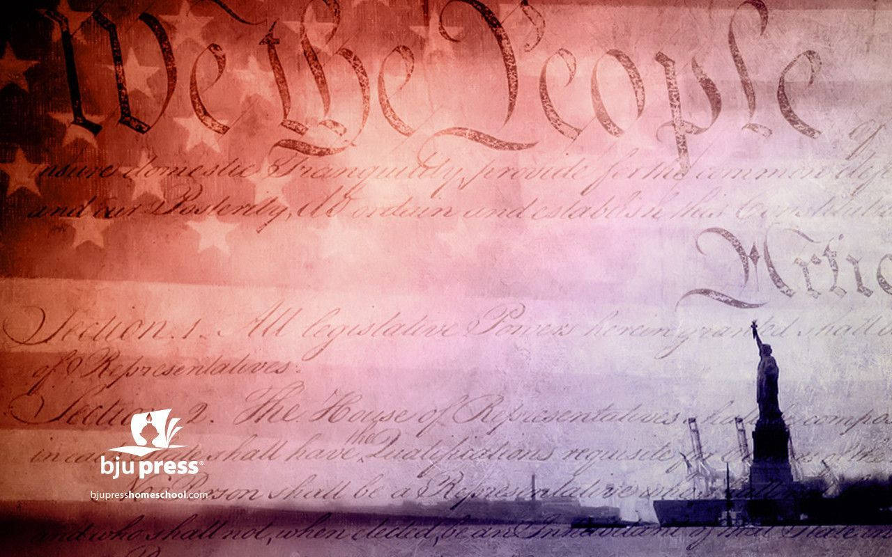 pastel American flag, cursive Constitution text, silhouette of the Statue of Liberty, HD Desktop Wallpaper