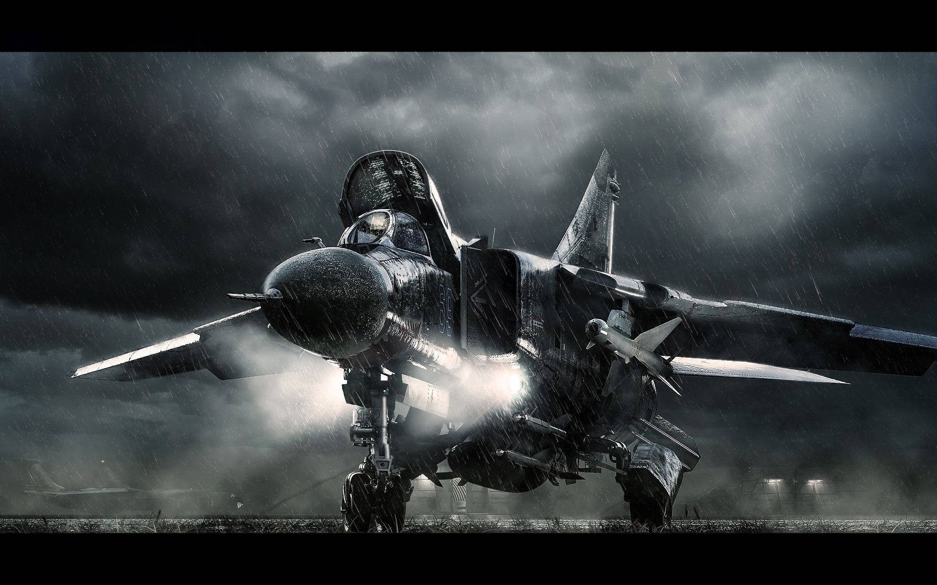 fighter jet, rain-slicked runway, stormy sky, Full HD Desktop Wallpaper