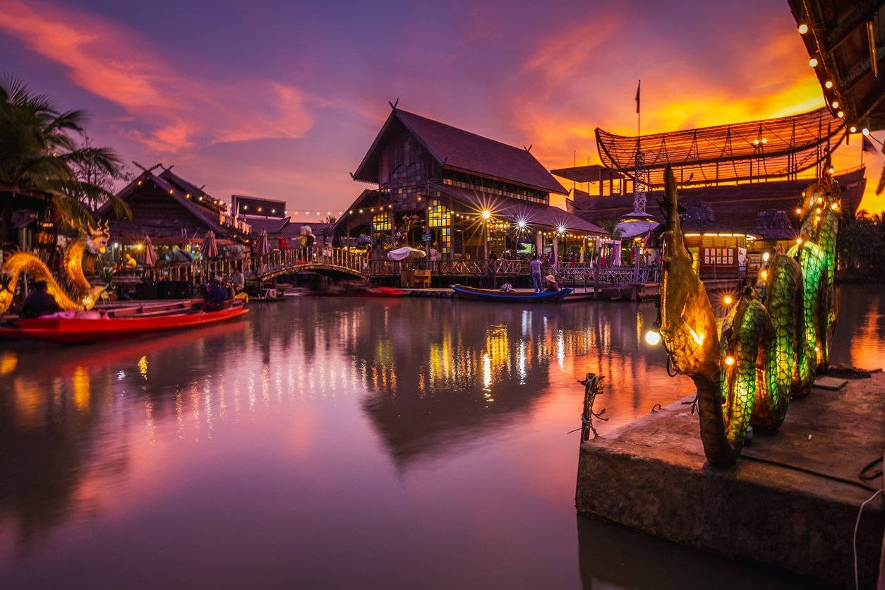 Pattaya, floating market, sunset, SD Desktop Wallpaper