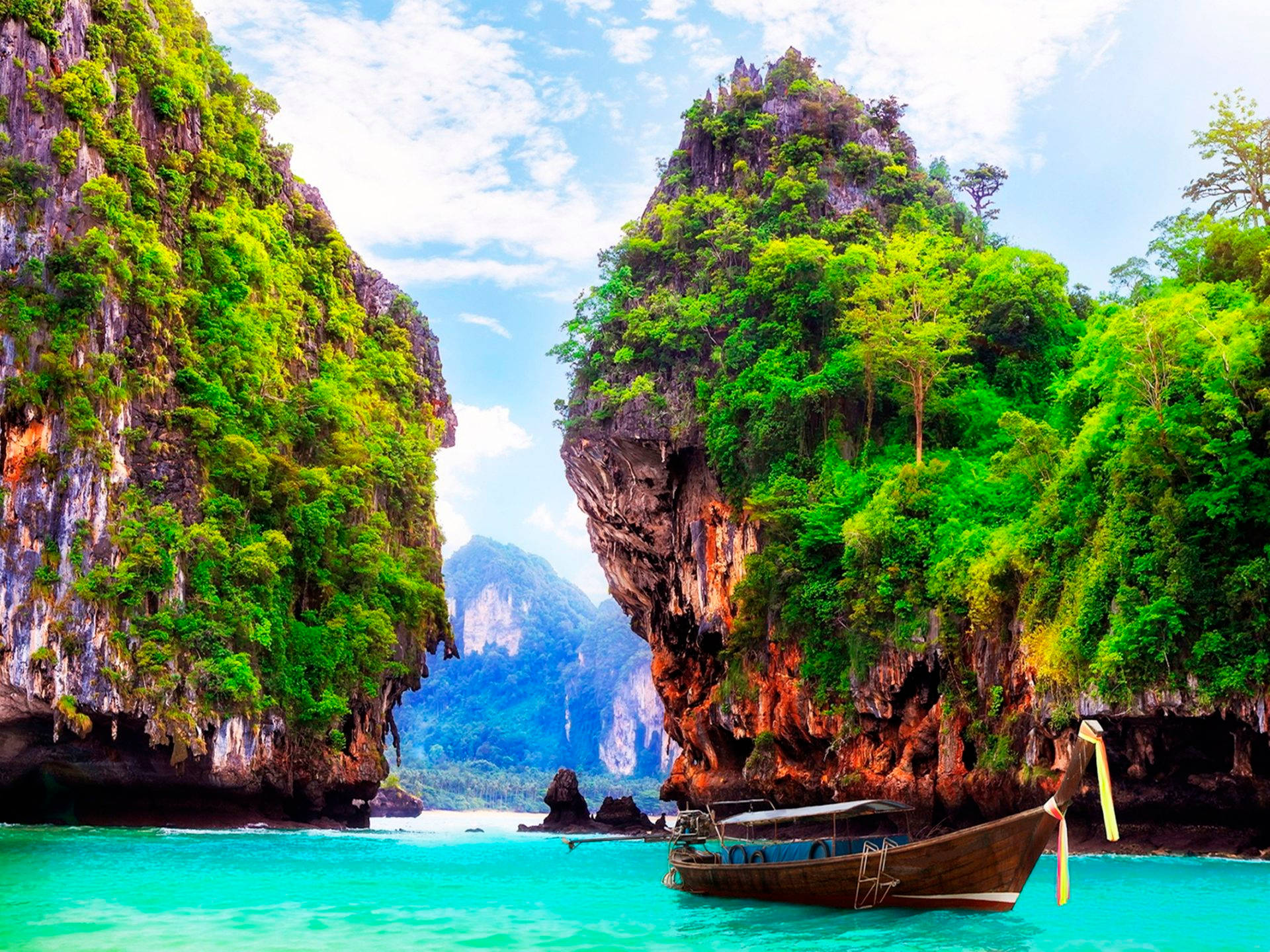 Pattaya, rock formations, longtail boat, Full HD Desktop Wallpaper