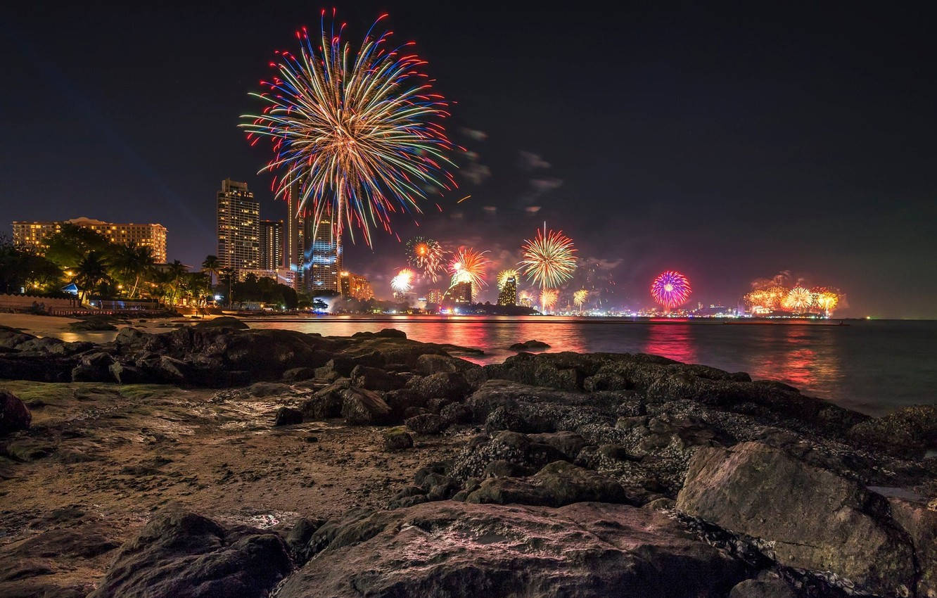 Pattaya, fireworks, night, HD Desktop Wallpaper