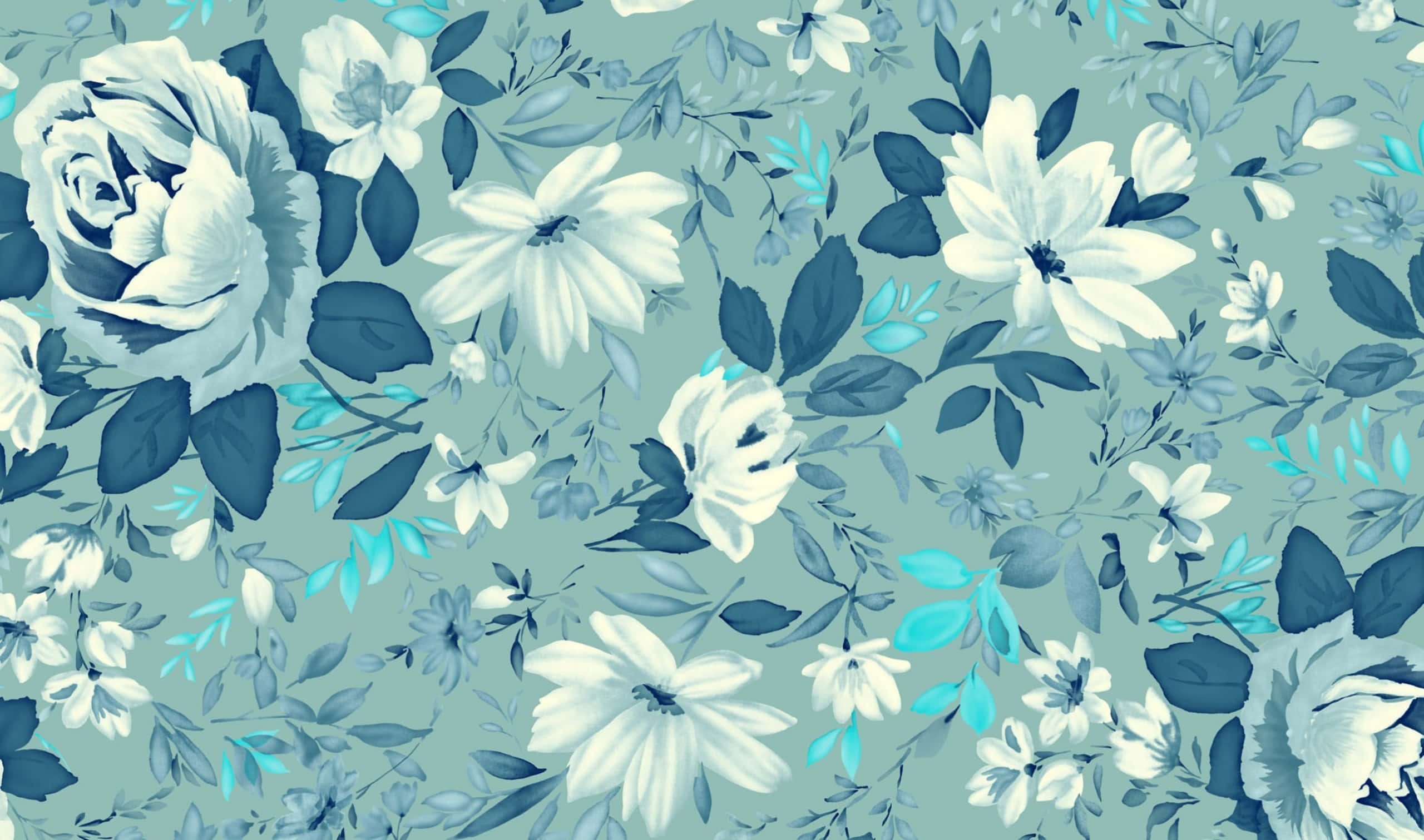 floral pattern, blue and white flowers, soft teal background, 2K Desktop Wallpaper