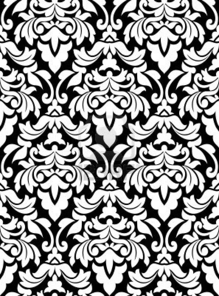 black and white damask pattern, intricate floral motifs, scrollwork motifs, SD Phone Wallpaper