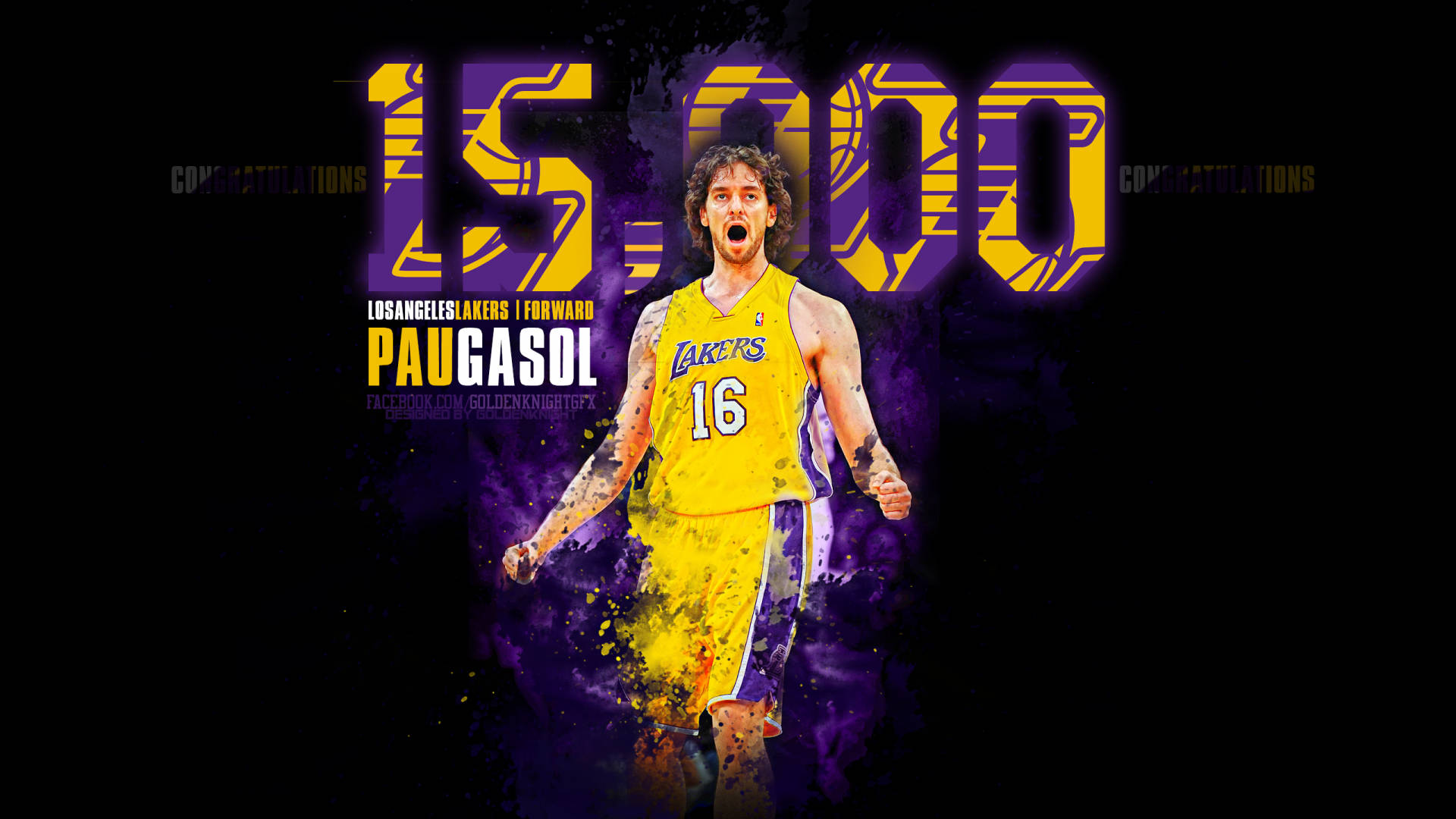 Pau Gasol, yellow Lakers jersey, purple splatter background, Full HD Desktop Wallpaper