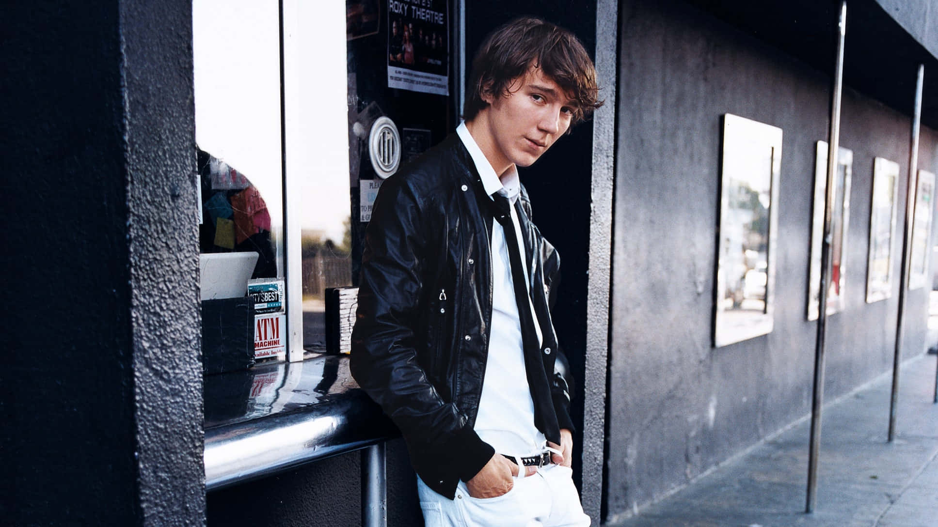 Paul Dano, black leather jacket, dark urban wall, Full HD Desktop Wallpaper