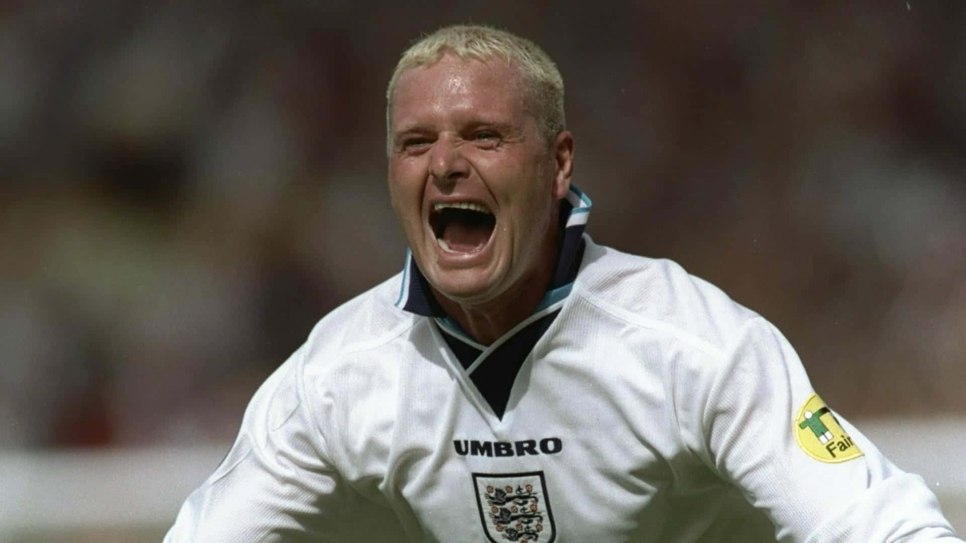 Paul Gascoigne, white England jersey, blond footballer, Full HD Desktop Wallpaper