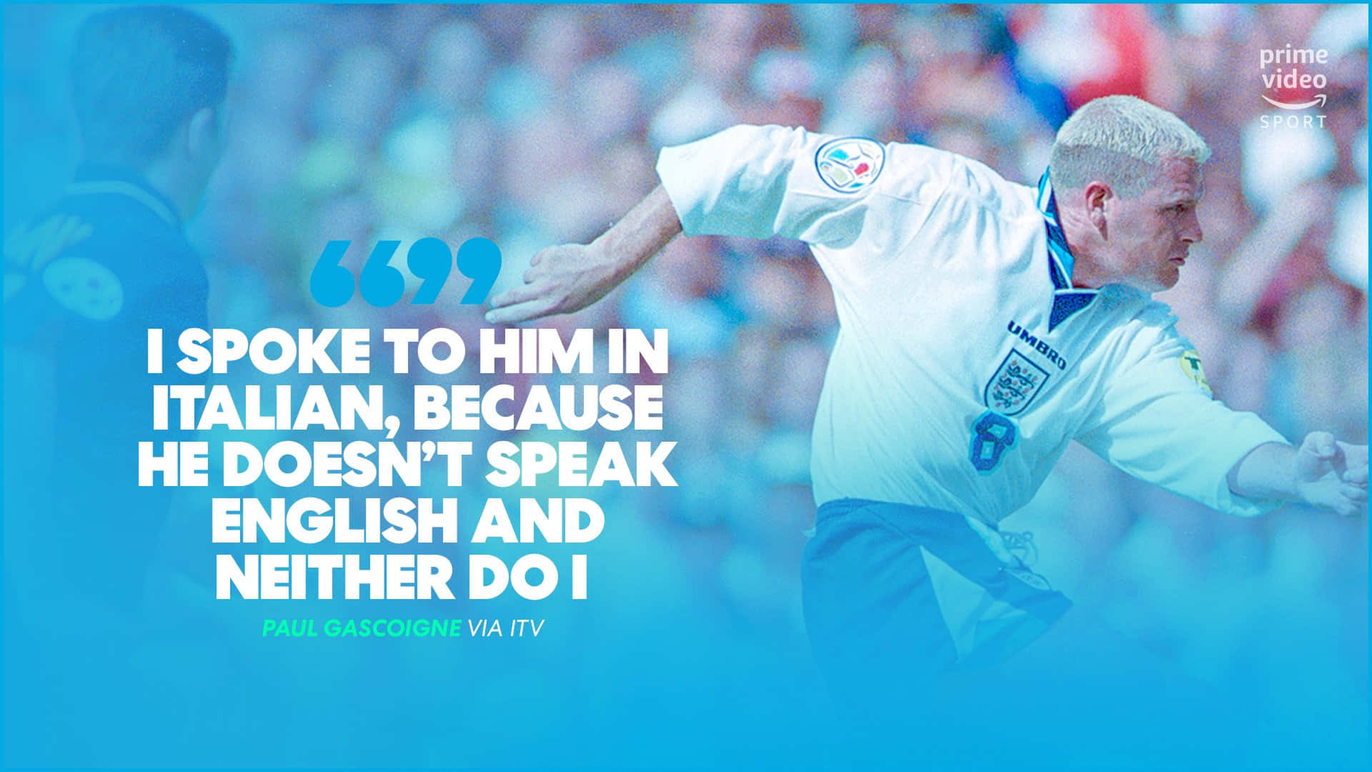 Paul Gascoigne, white England jersey, blue-tinted crowd background, Full HD Desktop Wallpaper