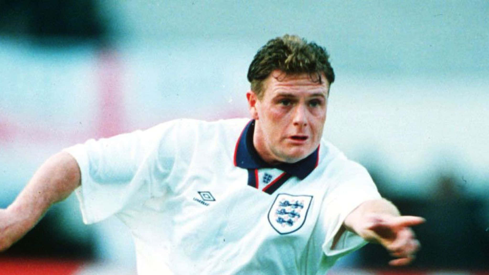 Paul Gascoigne, white jersey, three lions emblem, Full HD Desktop Wallpaper