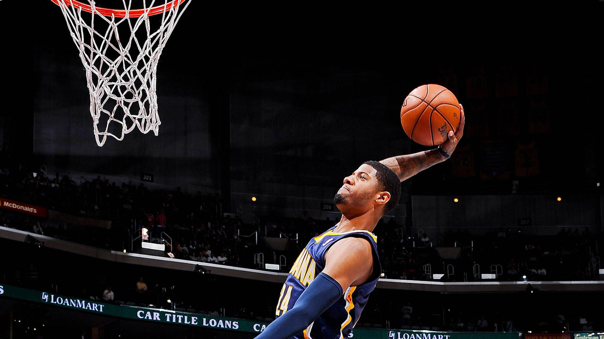 Paul George, mid-air dunk, blue and gold uniform, Full HD Desktop Wallpaper