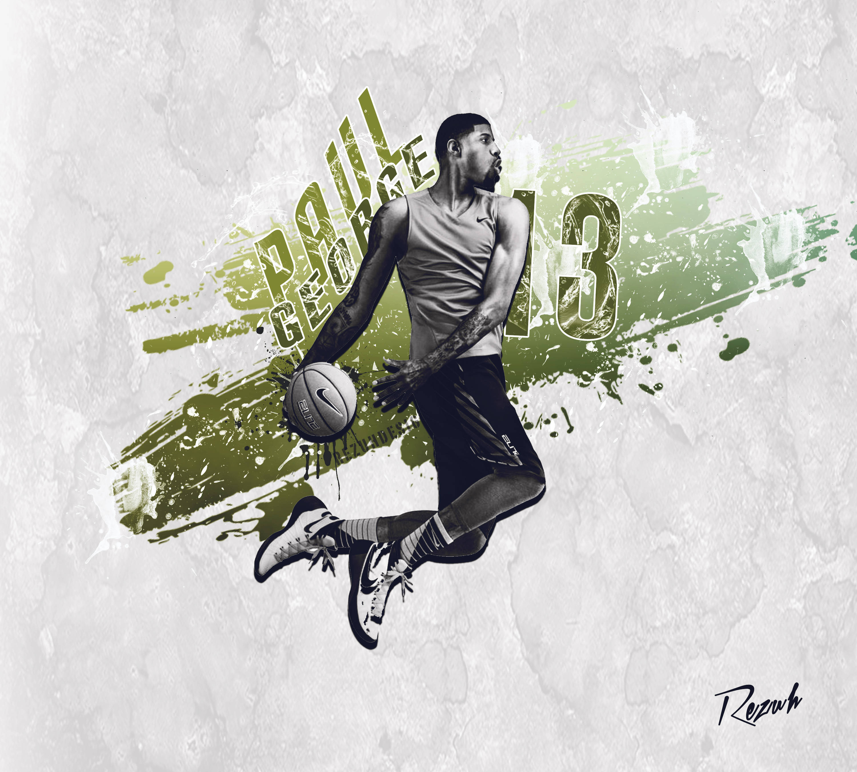 Paul George, black and white illustration, mid-air, 2K Desktop Wallpaper