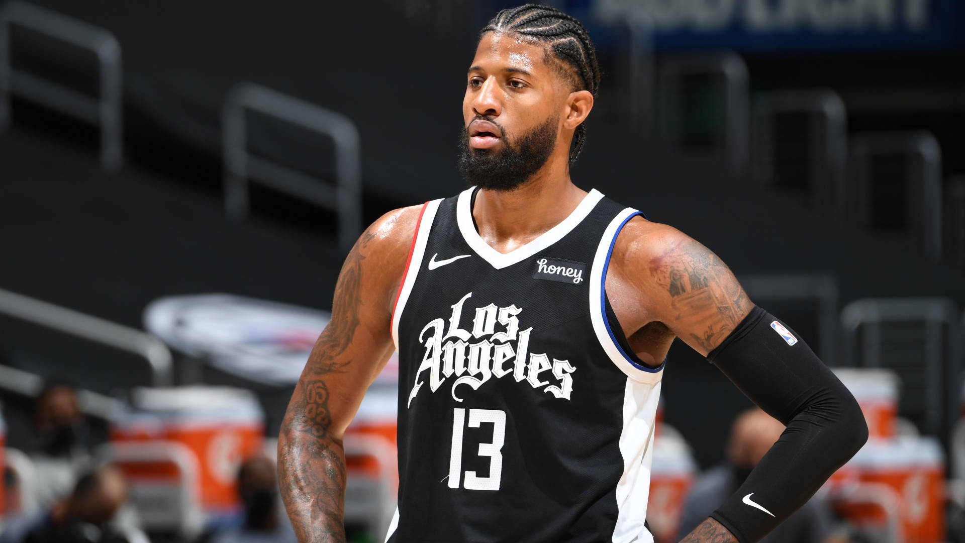 Paul George, black and white Los Angeles jersey, tattoos, Full HD Desktop Wallpaper