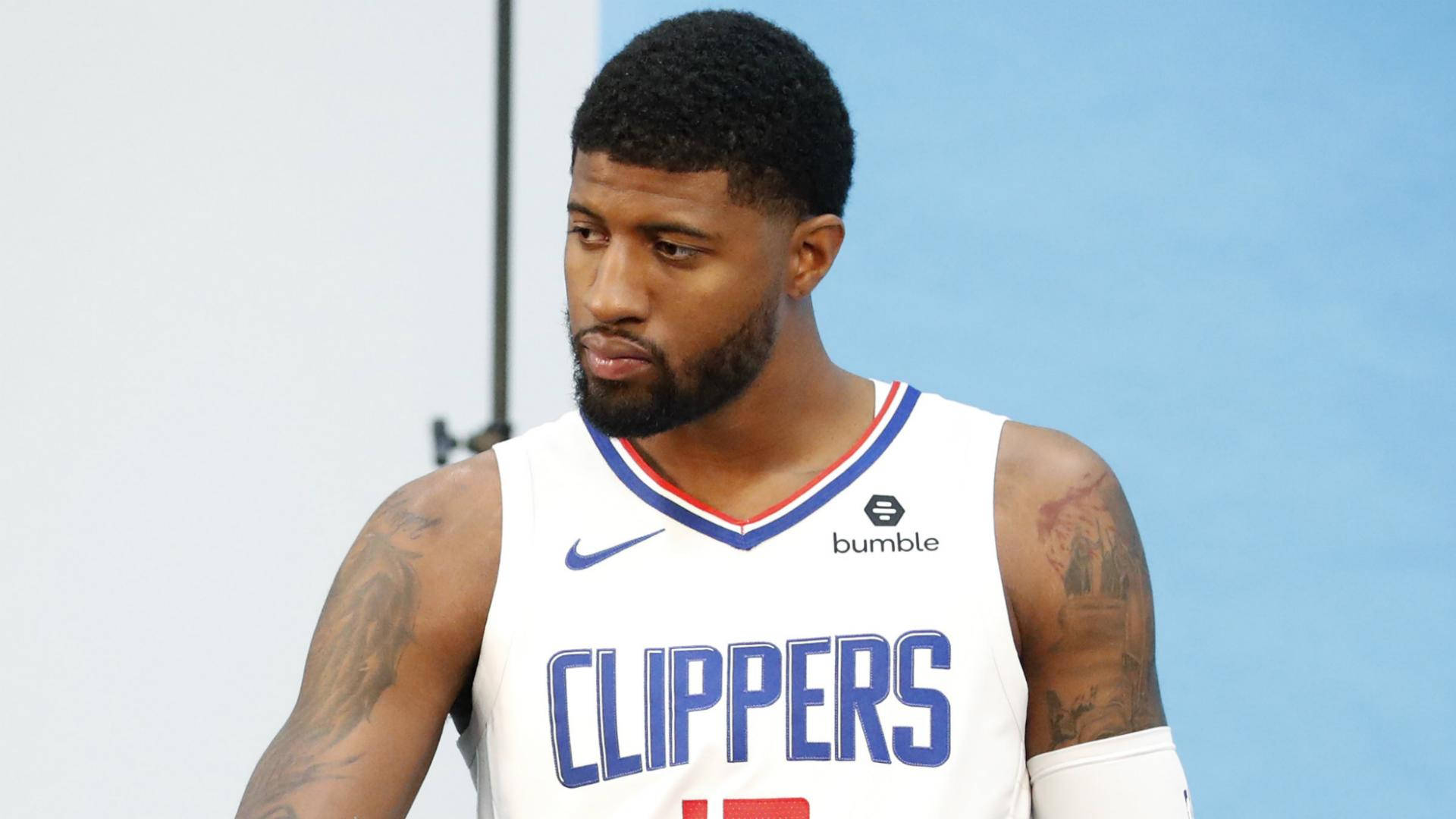 Paul George, white Clippers jersey, tattoos on his arms, Full HD Desktop Wallpaper