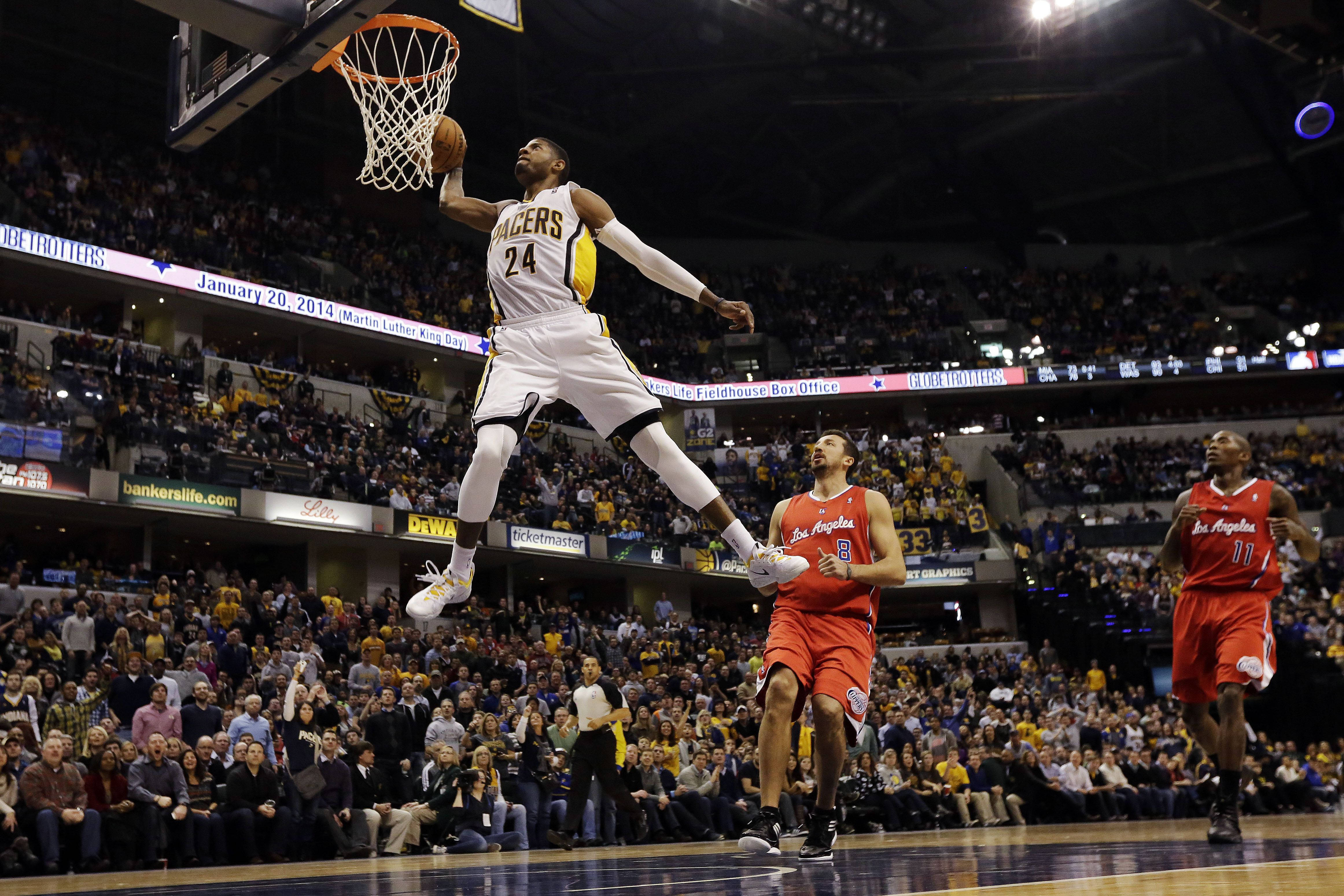 Paul George, dunk, white uniform, 4K Desktop Wallpaper