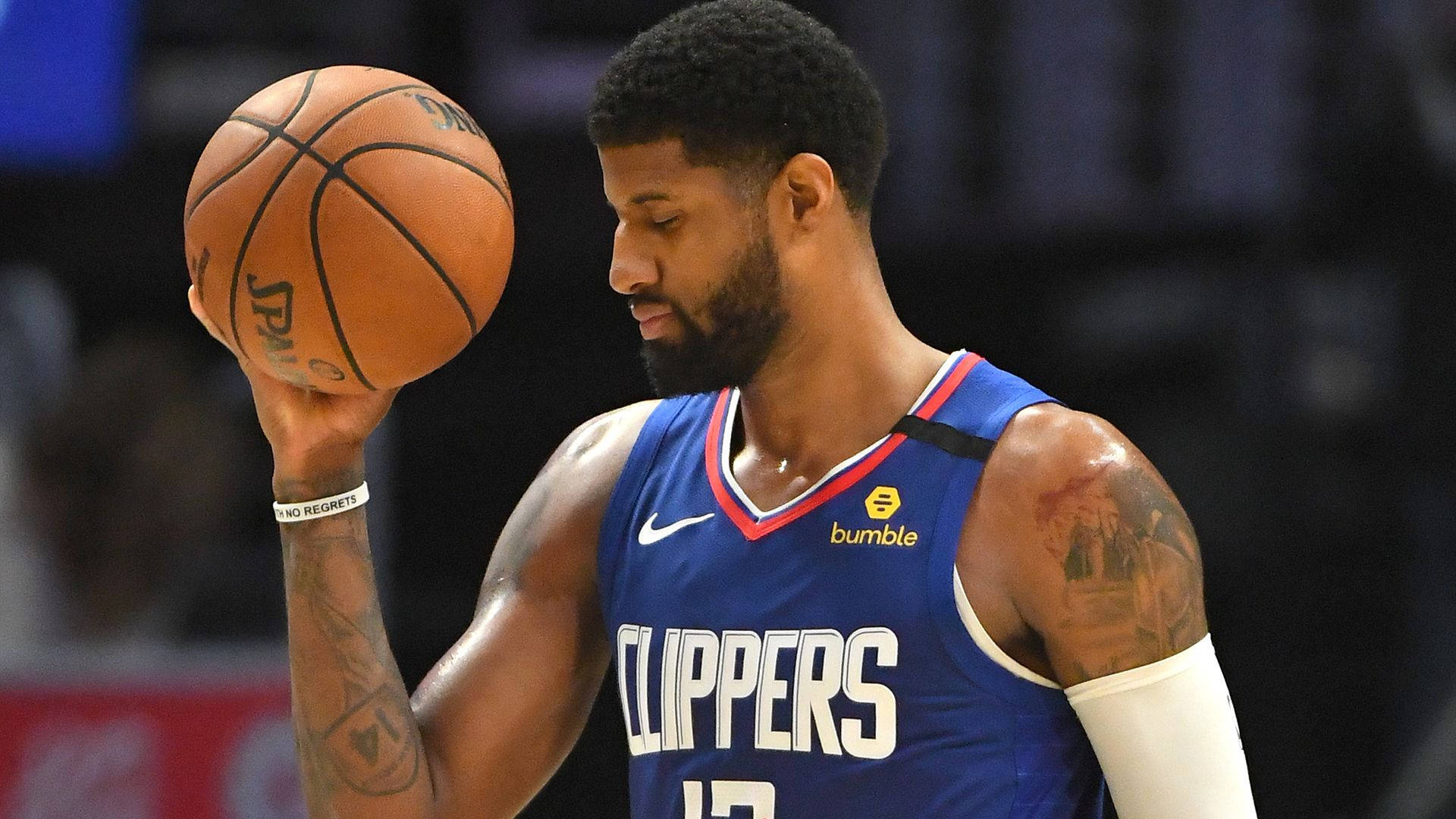 Paul George, orange ball, blue Clippers jersey, Full HD Desktop Wallpaper