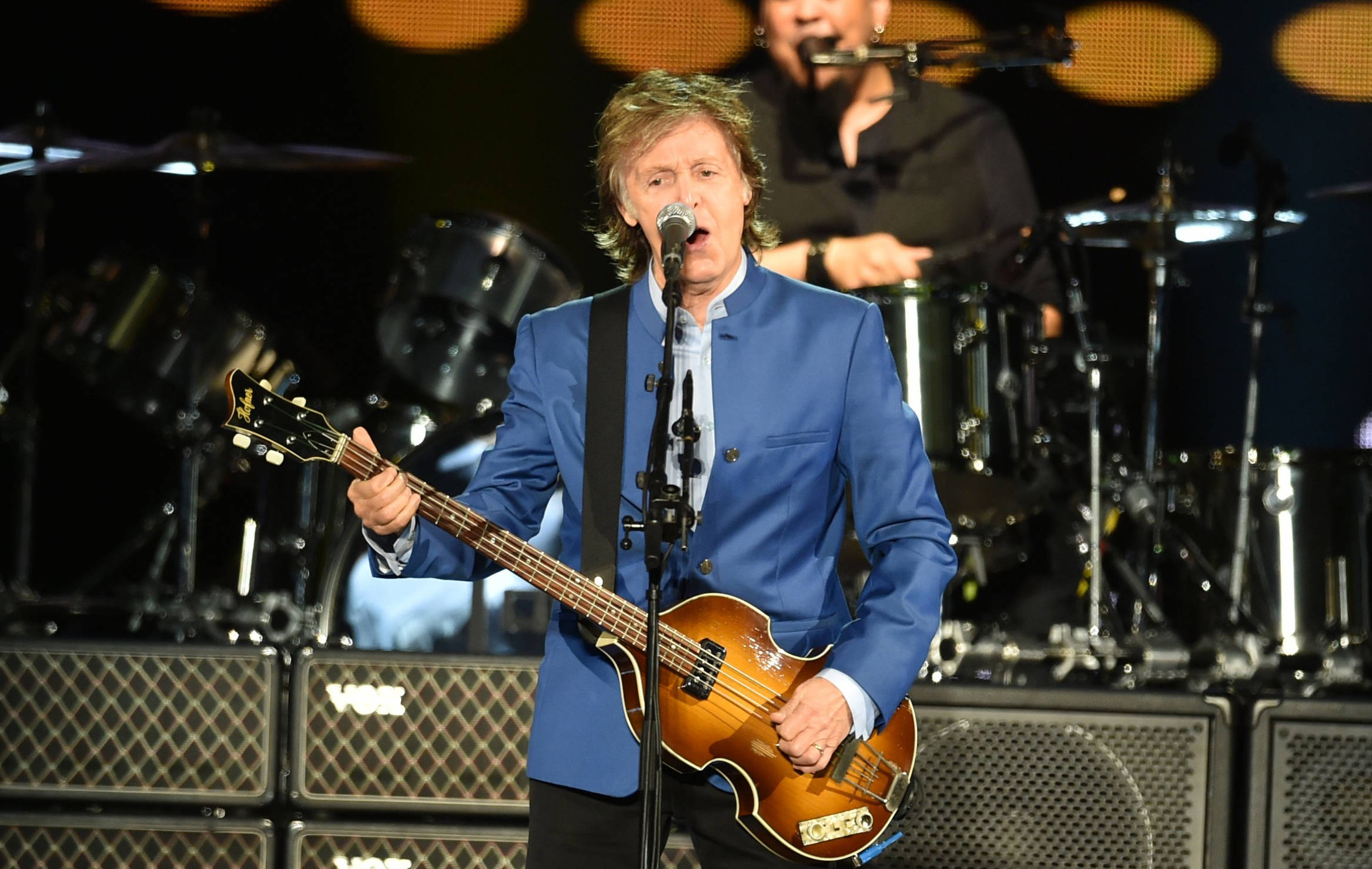 Paul McCartney, bass guitar, blue suit, Full HD Desktop Wallpaper