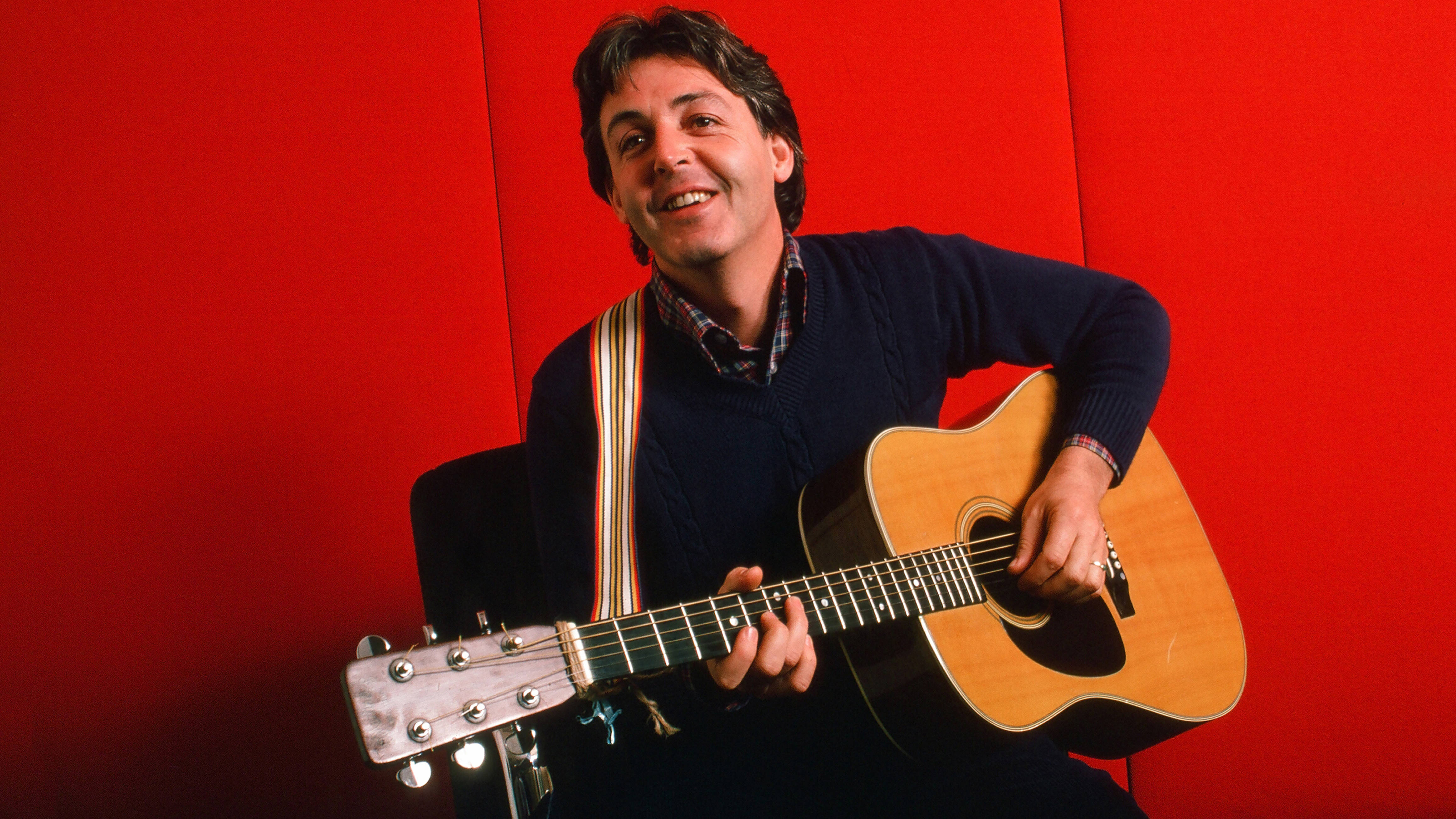 Paul McCartney, dark sweater, acoustic guitar, 4K Desktop Wallpaper