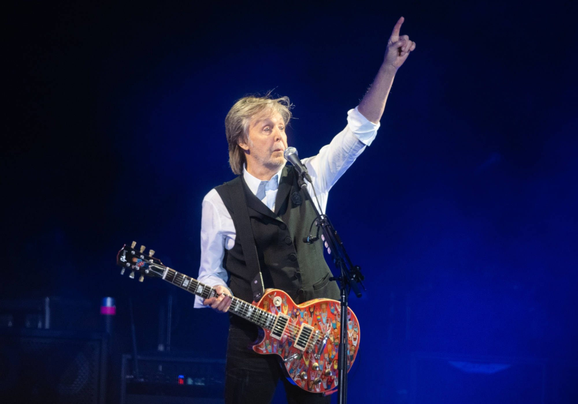 Paul McCartney, colorful guitar, blue stage lights, Full HD Desktop Wallpaper