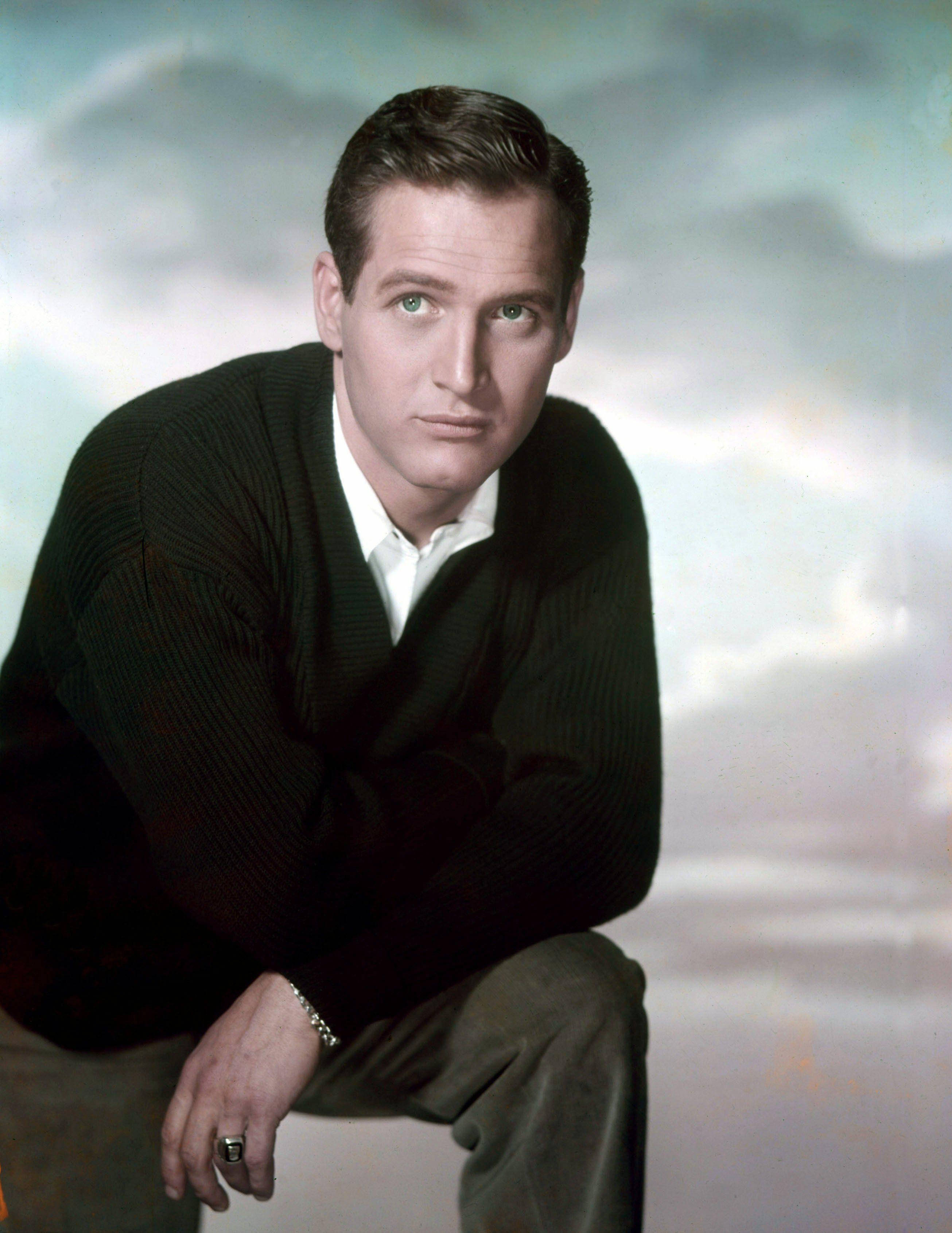 Paul Newman, studio shoot, dark sweater, 2K Phone Wallpaper