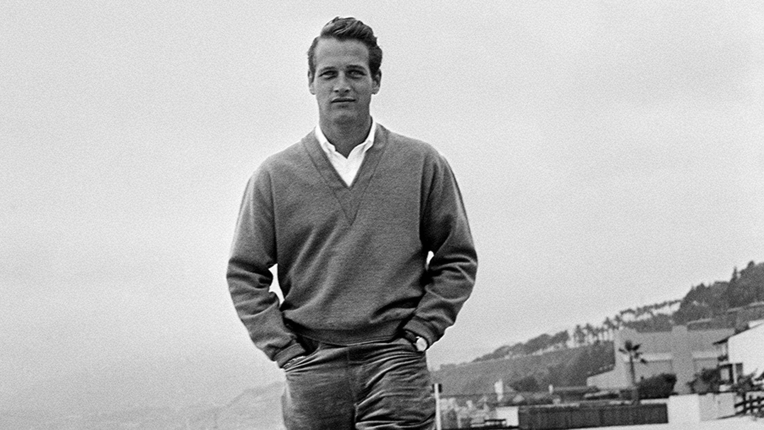 Paul Newman, V-neck sweater, coastal backdrop, Full HD Desktop Wallpaper