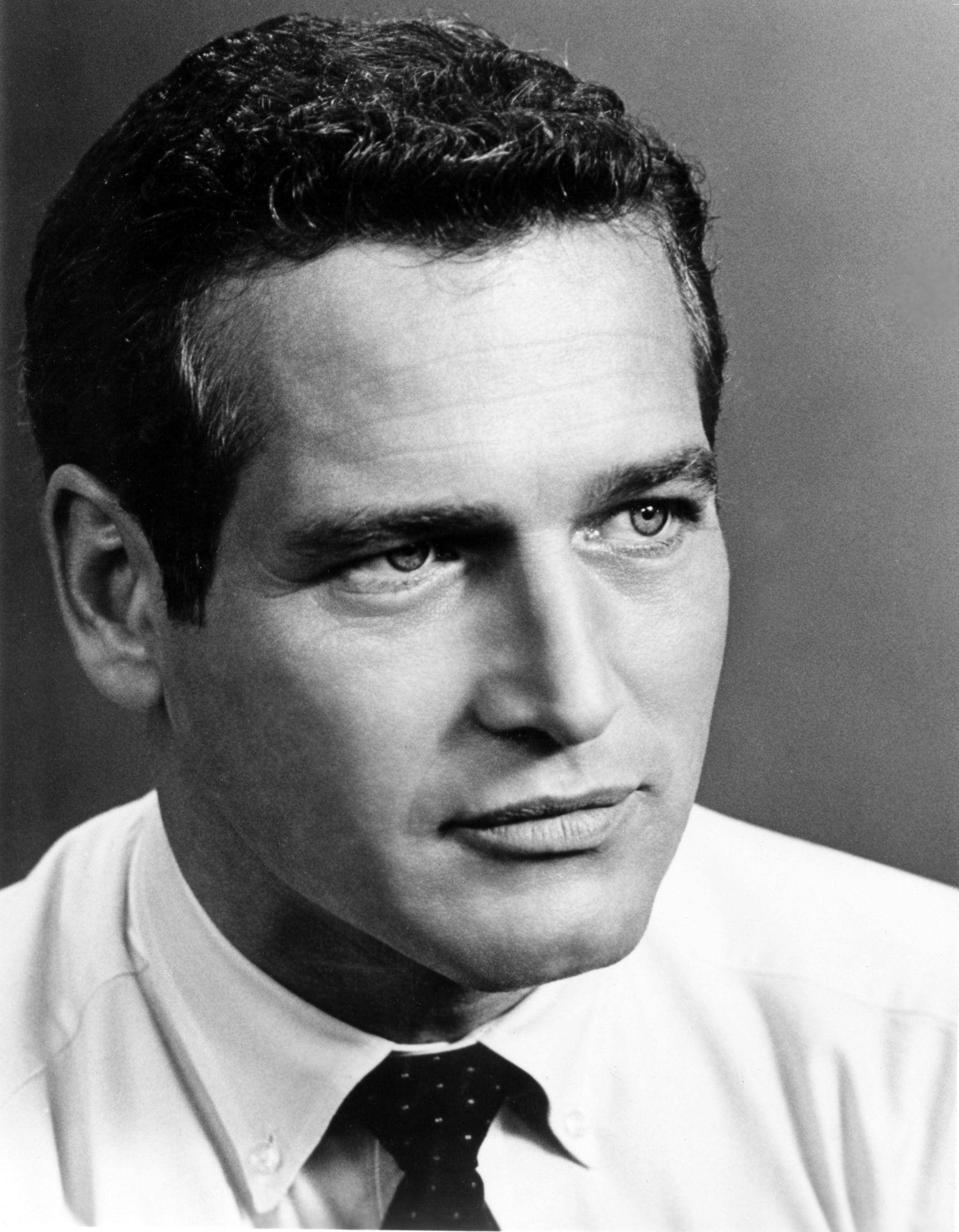 Paul Newman, black and white portrait, dark hair, 2K Phone Wallpaper