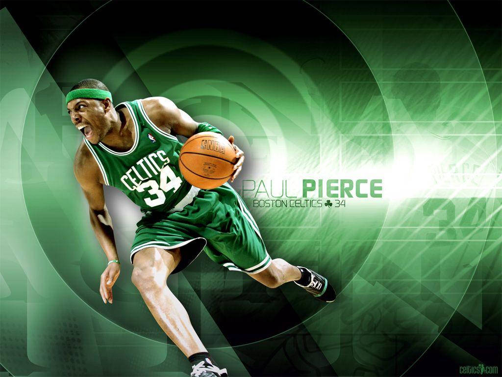 Paul Pierce, green Celtics jersey, dribbles basketball, SD Desktop Wallpaper