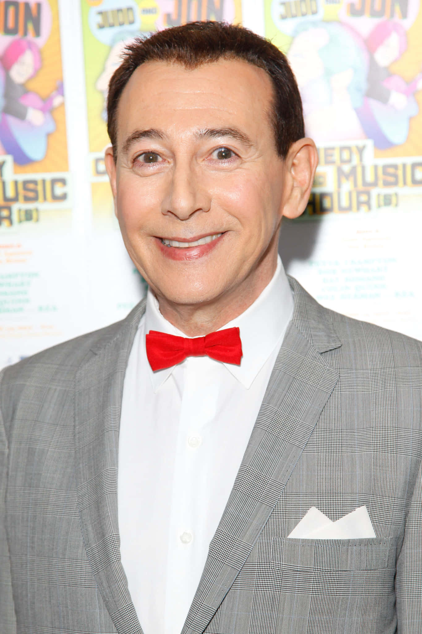 Paul Reubens, gray checkered suit, bright red bow tie, Full HD Phone Wallpaper