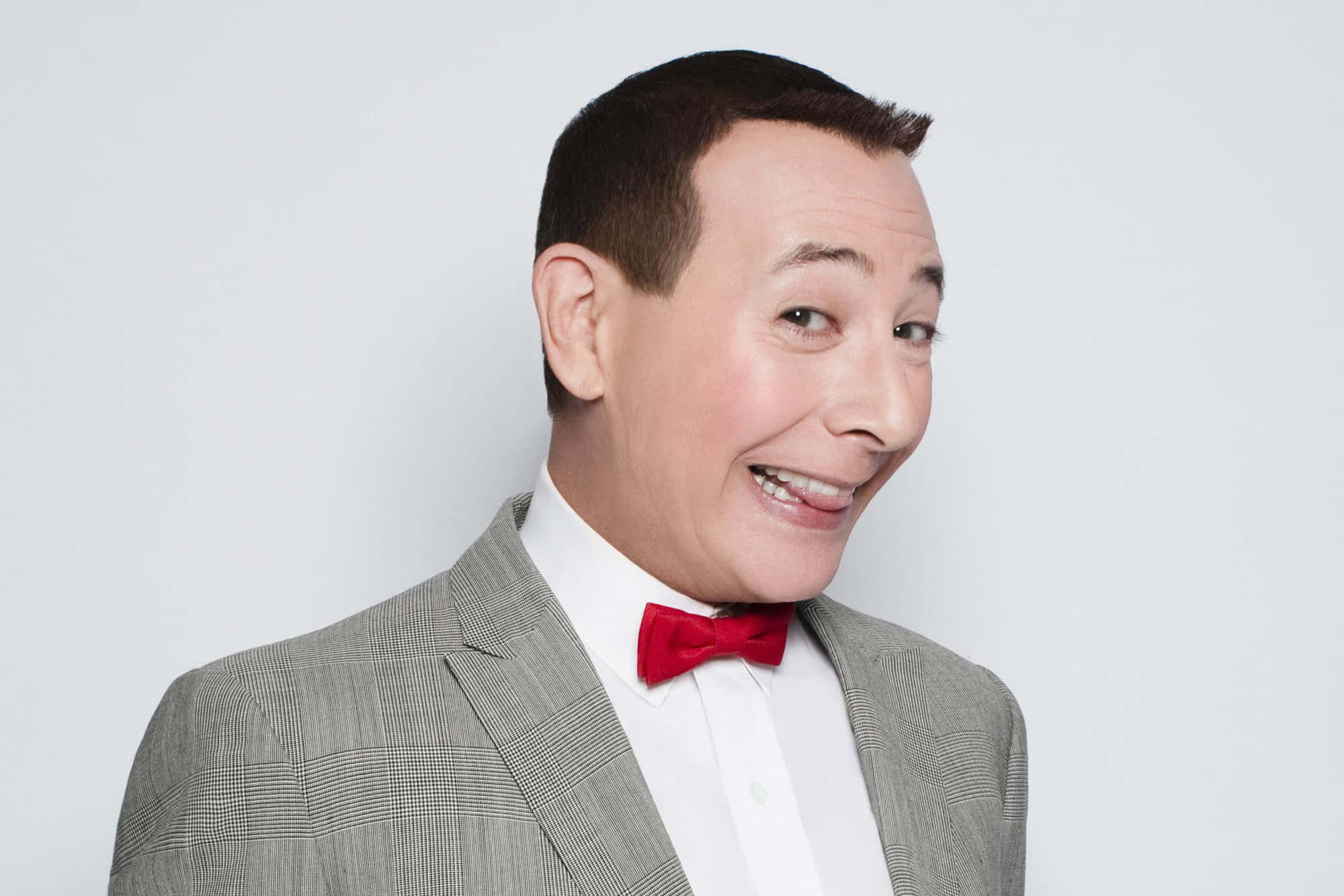 Paul Reubens, gray checkered suit, red bow tie, Full HD Desktop Wallpaper