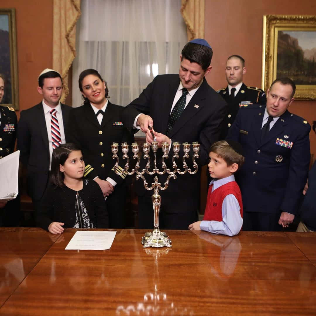 Paul Ryan, silver menorah, polished wooden table, SD Desktop Wallpaper