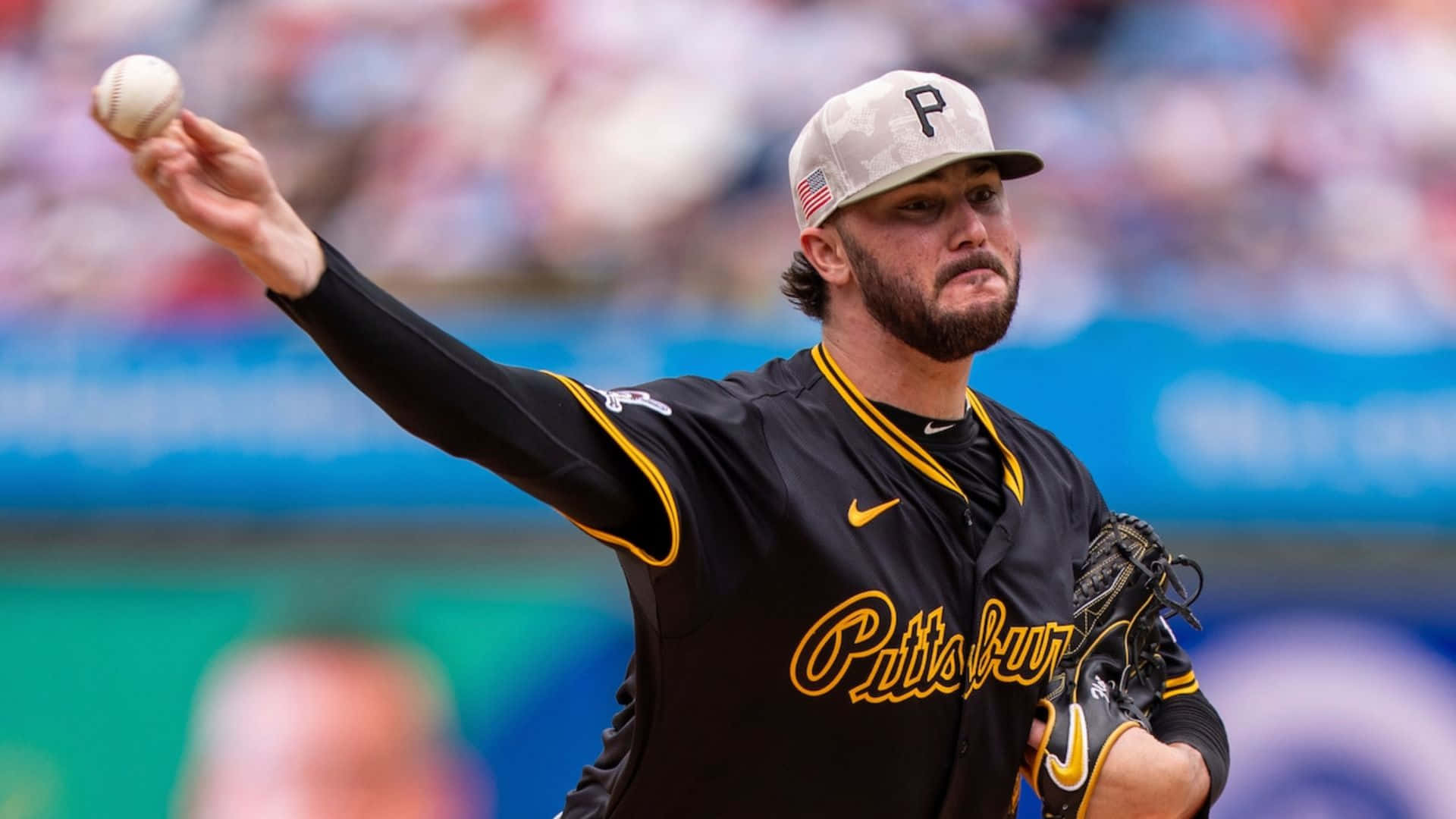 Paul Skenes, black and gold Pittsburgh uniform, pitching action, Full HD Desktop Wallpaper