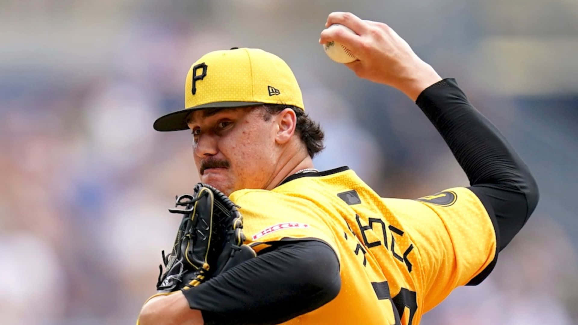 Paul Skenes, yellow uniform, black undershirt, Full HD Desktop Wallpaper