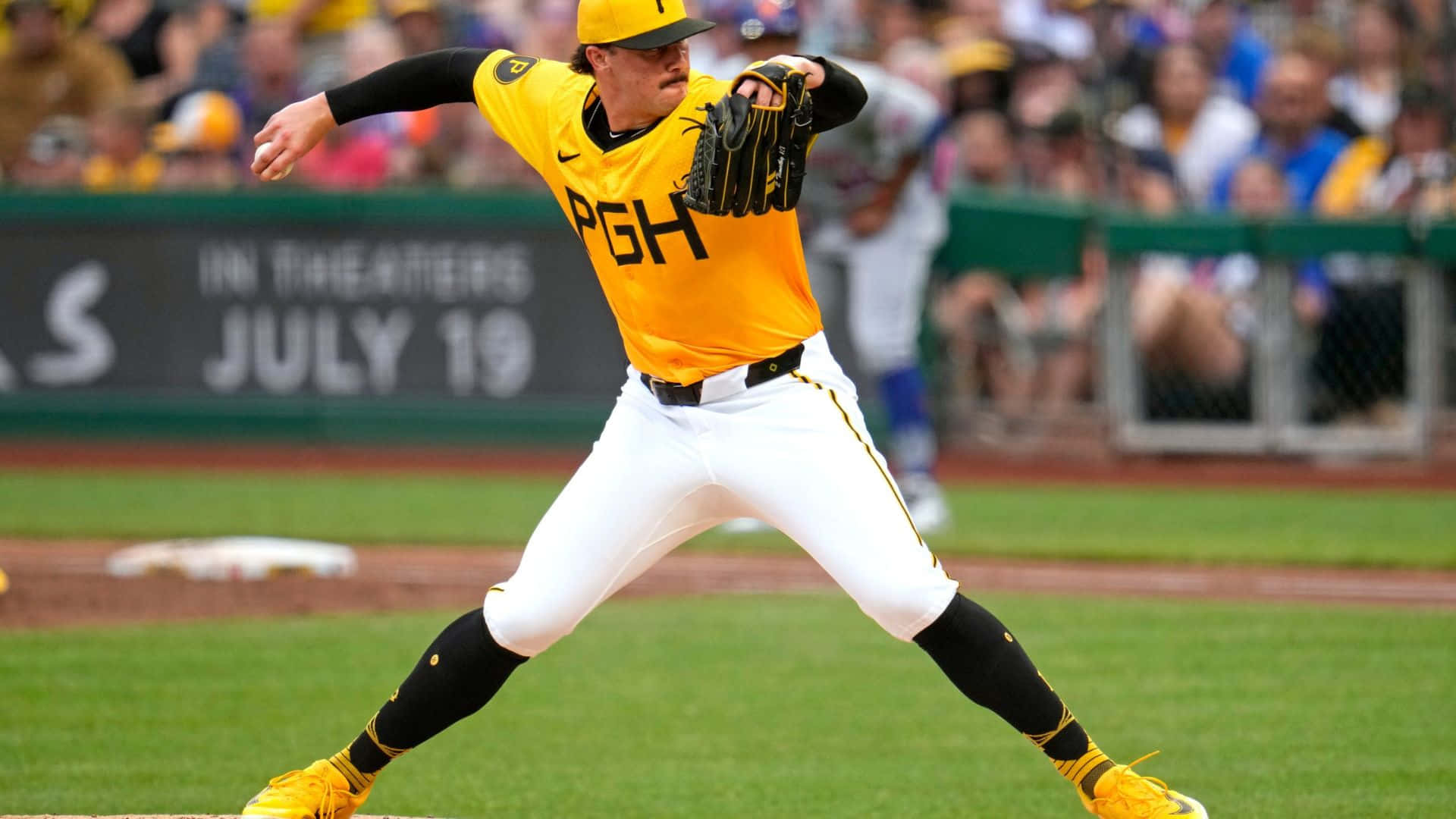 Paul Skenes, yellow PGH jersey, sunlit field, Full HD Desktop Wallpaper