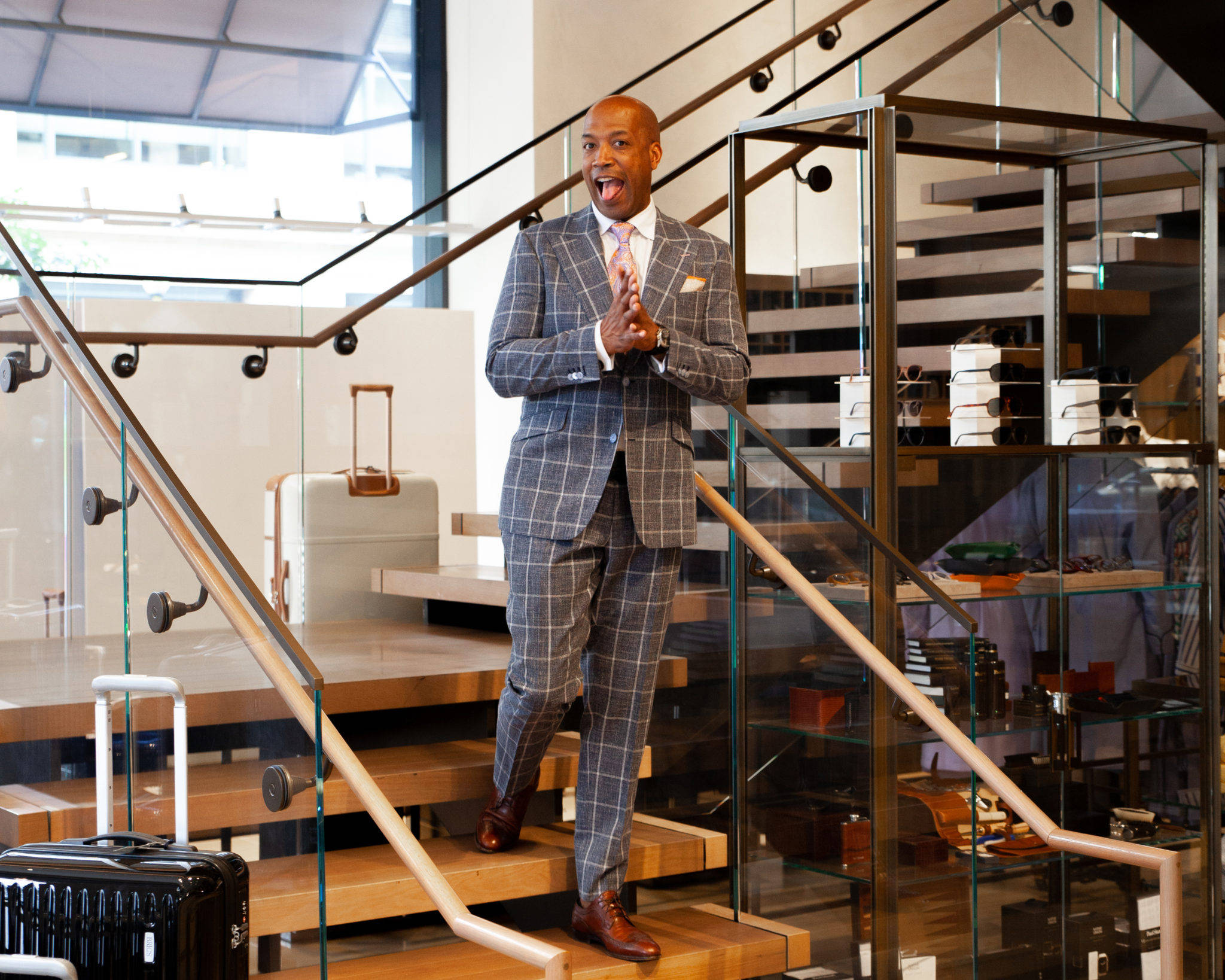 Paul Stuart, plaid suit, modern wooden staircase, Full HD Desktop Wallpaper