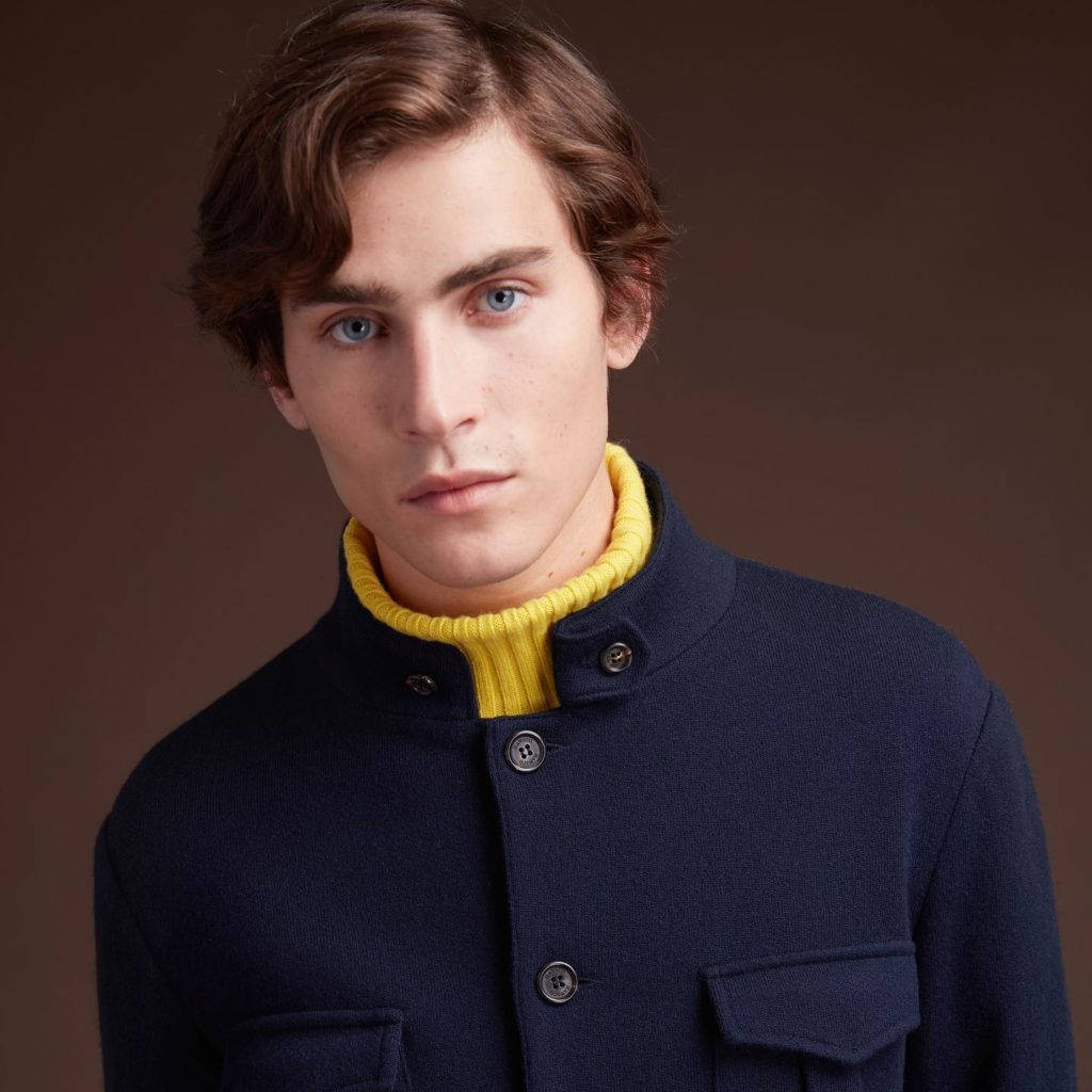 Paul Stuart, yellow turtleneck, navy button-up jacket, SD Desktop Wallpaper