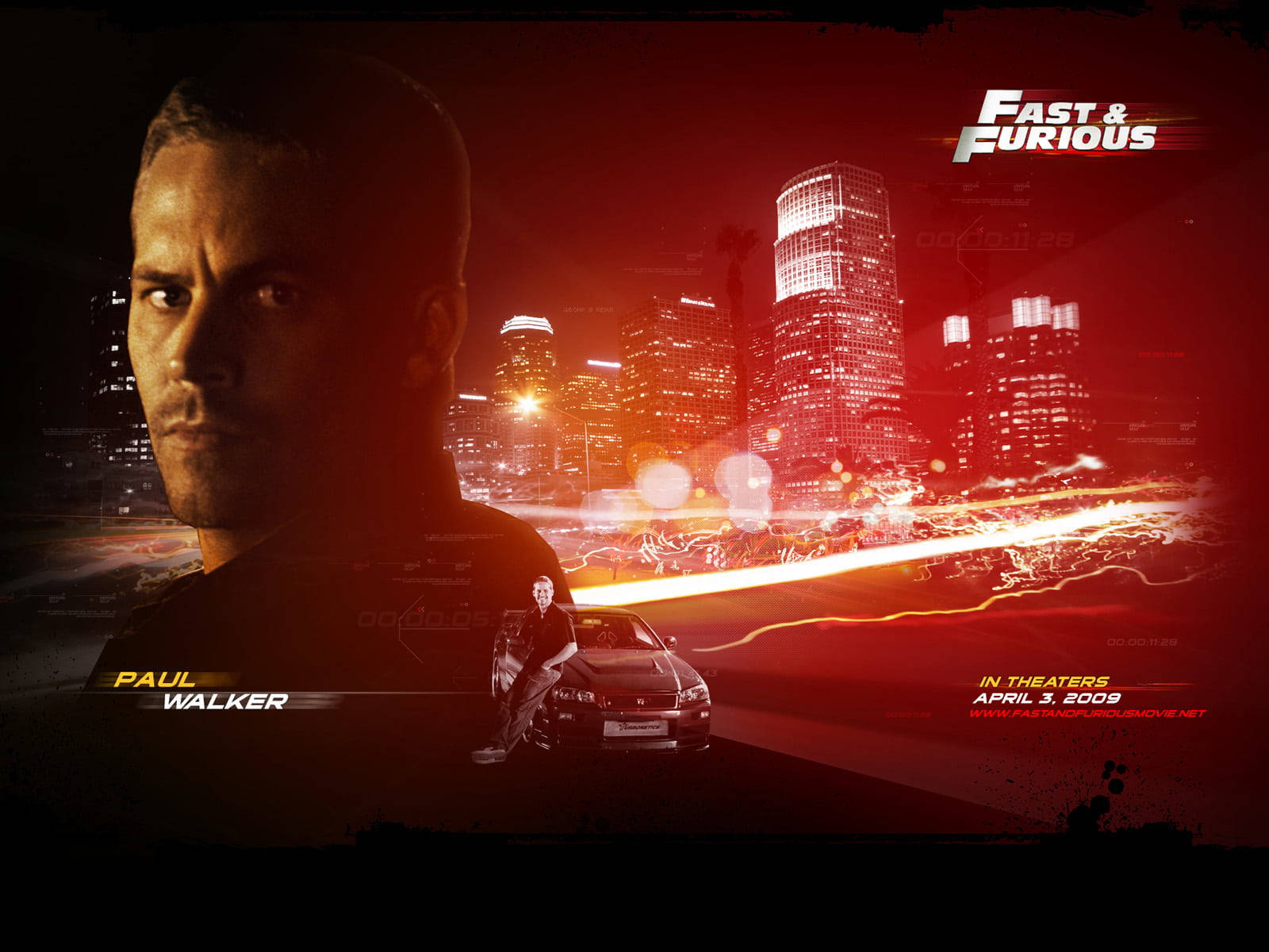 Paul Walker, neon-drenched cityscape, streaking car lights, HD Desktop Wallpaper