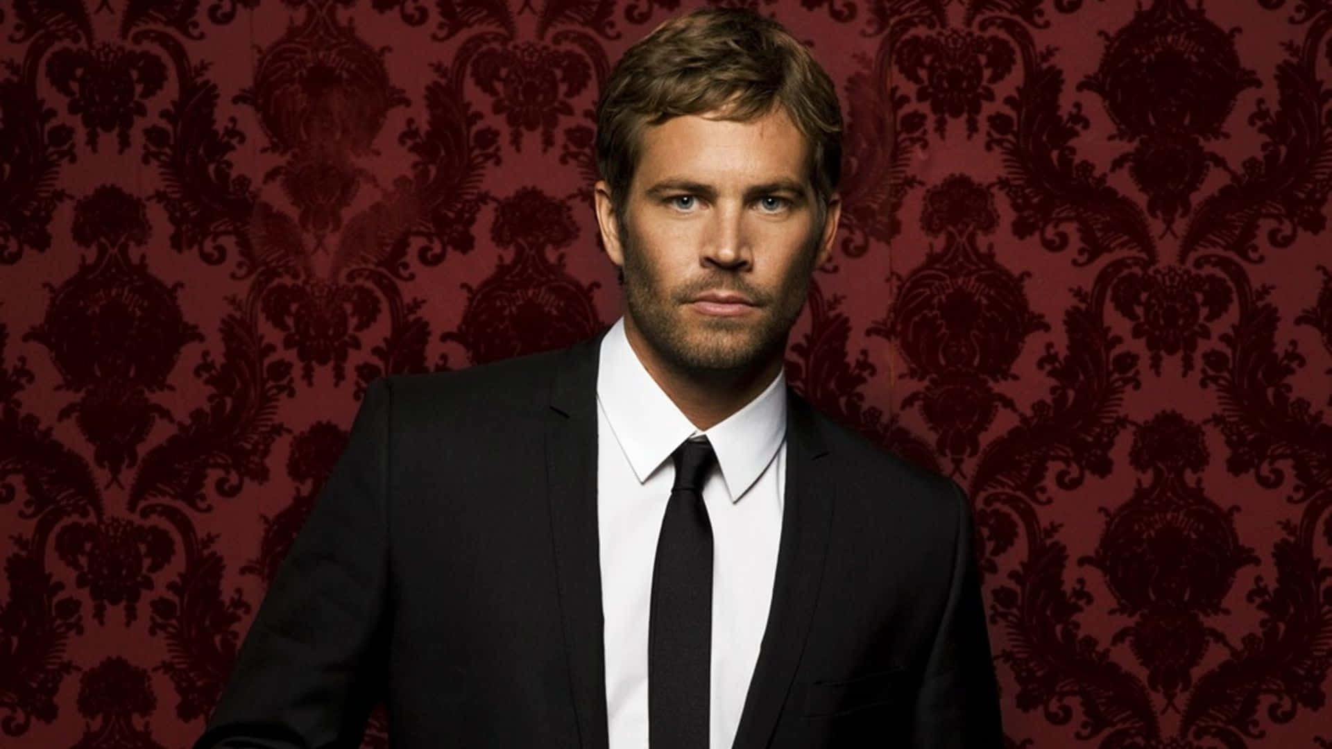 Paul Walker, black suit, rich red damask wallpaper, Full HD Desktop Wallpaper