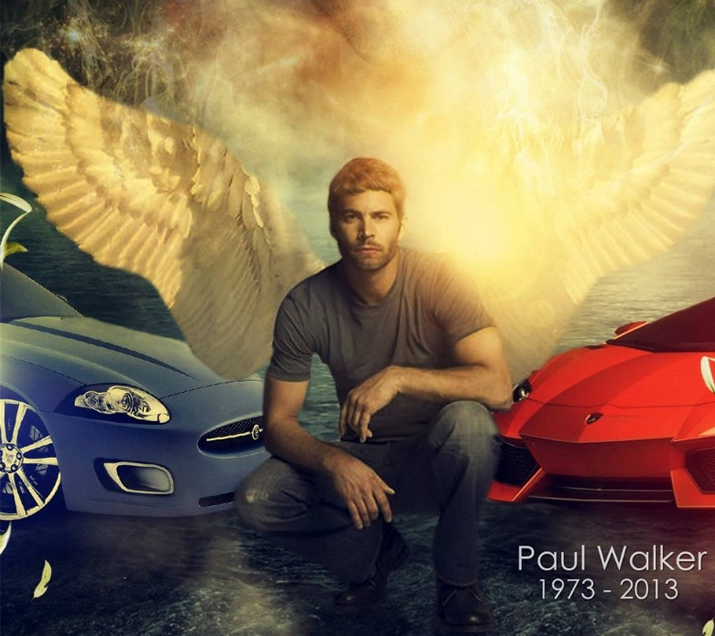 Paul Walker, angel wings, blue and red sports car, HD Desktop Wallpaper