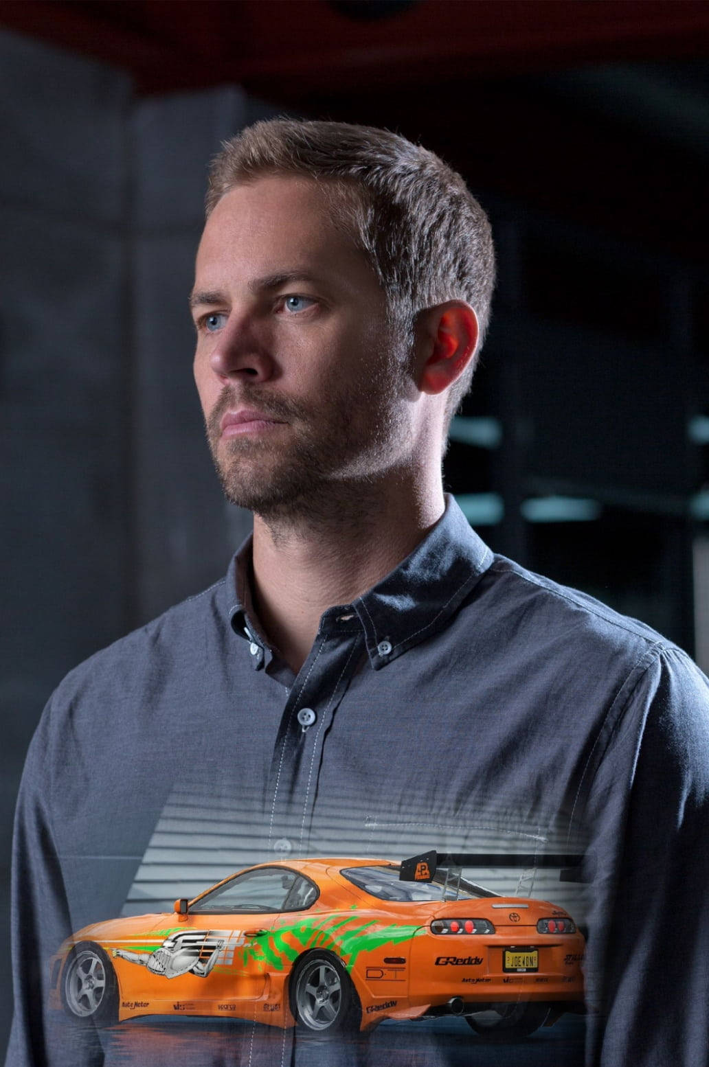 Paul Walker, orange race car, green flames, HD Phone Wallpaper