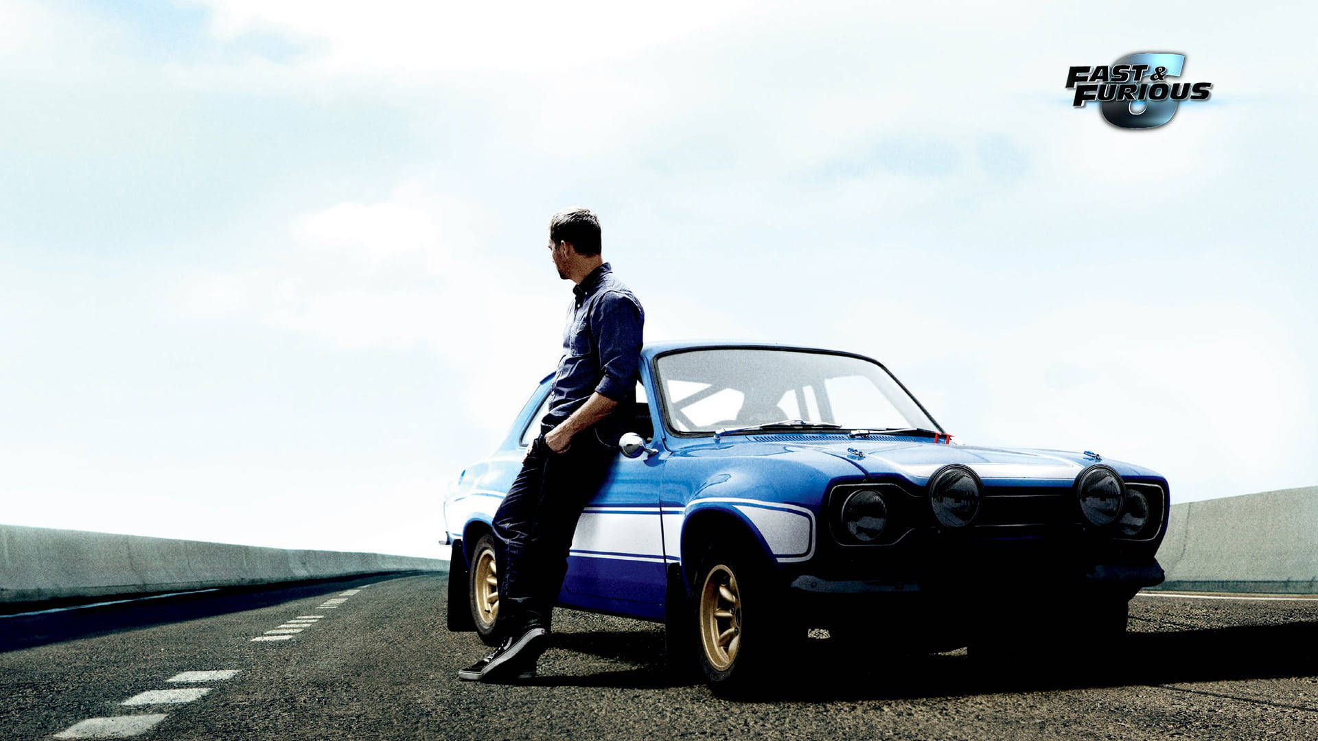 Paul Walker, blue and white classic race car, sunlit highway, Full HD Desktop Wallpaper