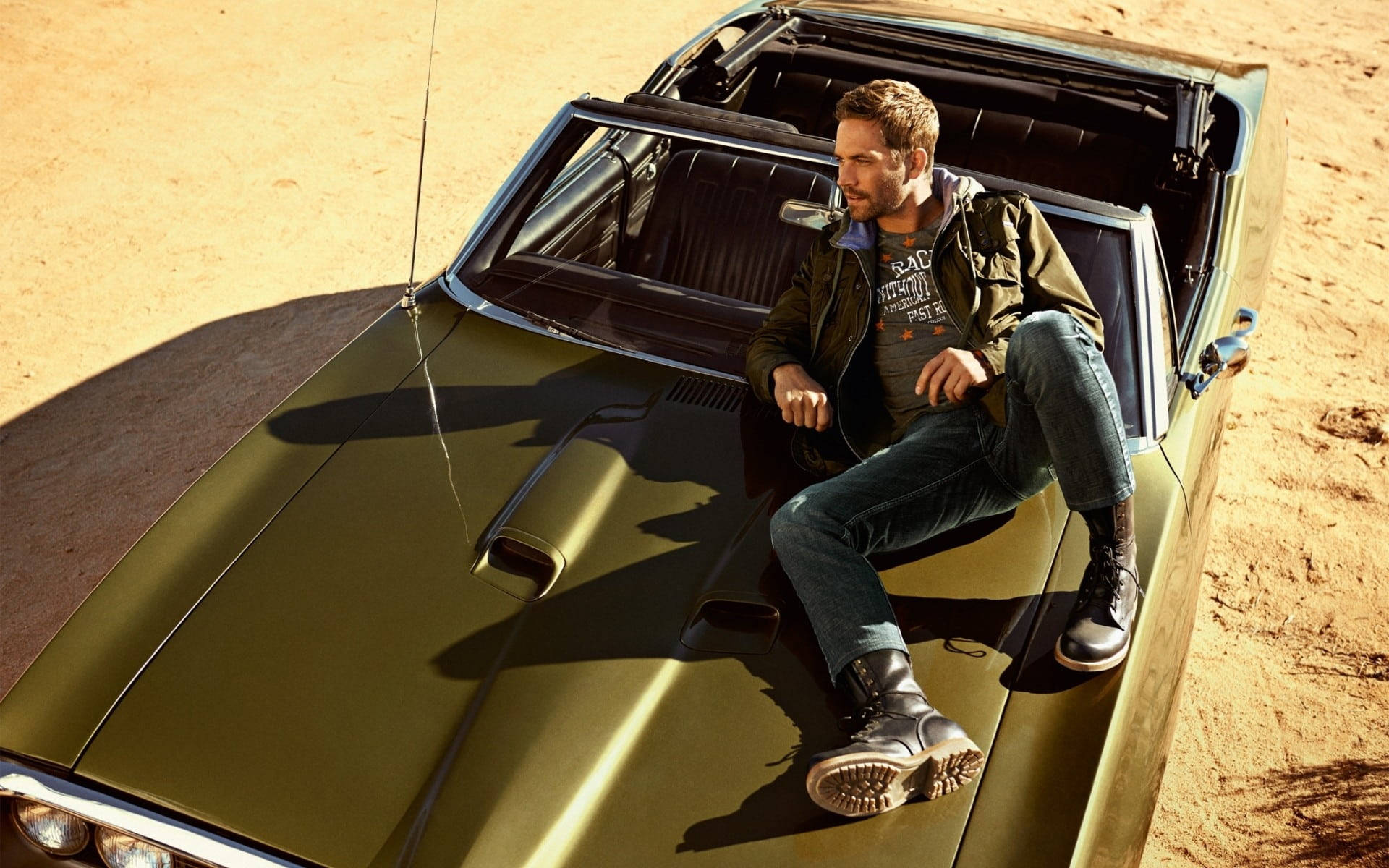 Paul Walker, muscle car, olive green, Full HD Desktop Wallpaper