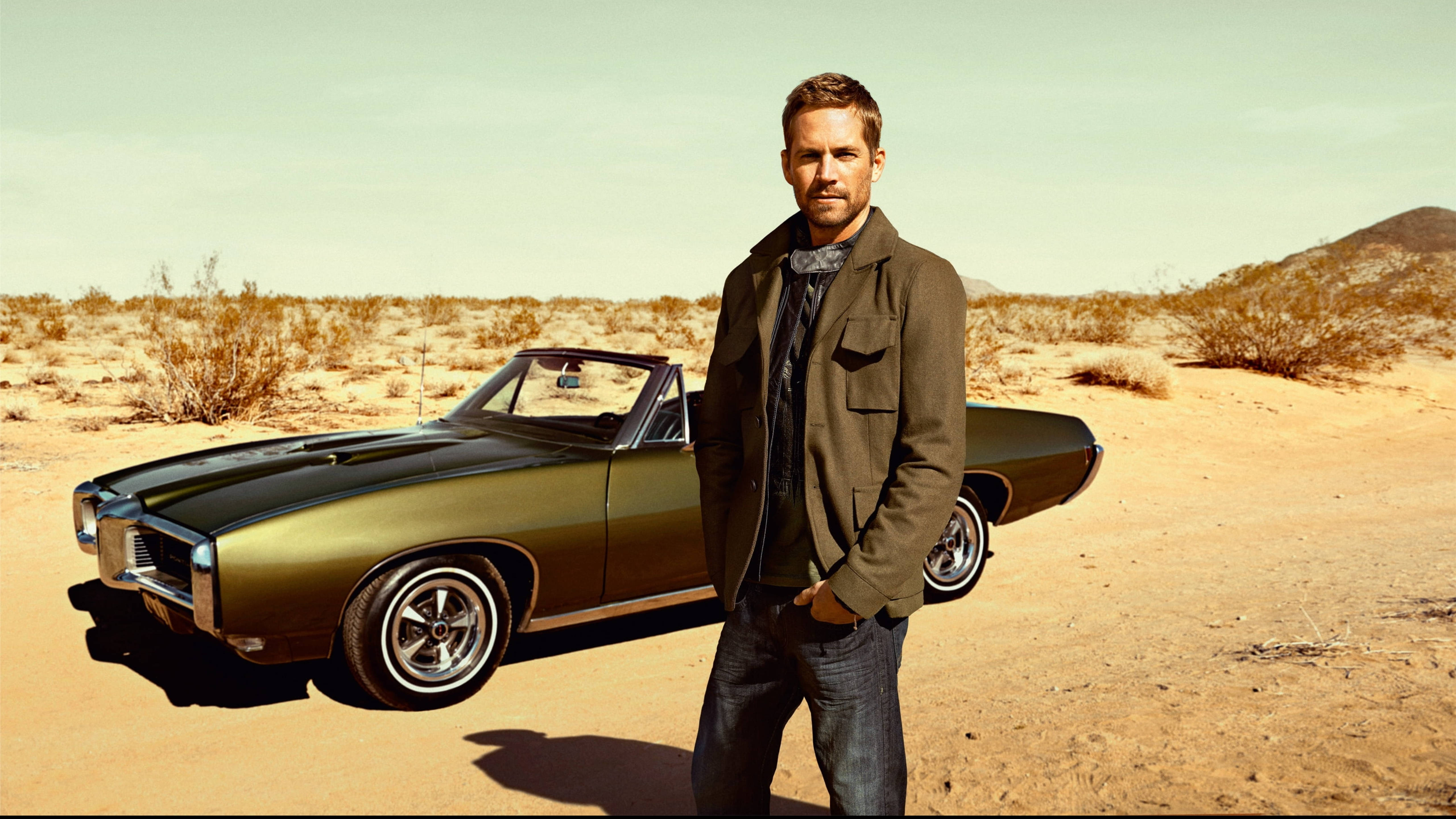 Paul Walker, olive green convertible, desert landscape, 5K Desktop Wallpaper