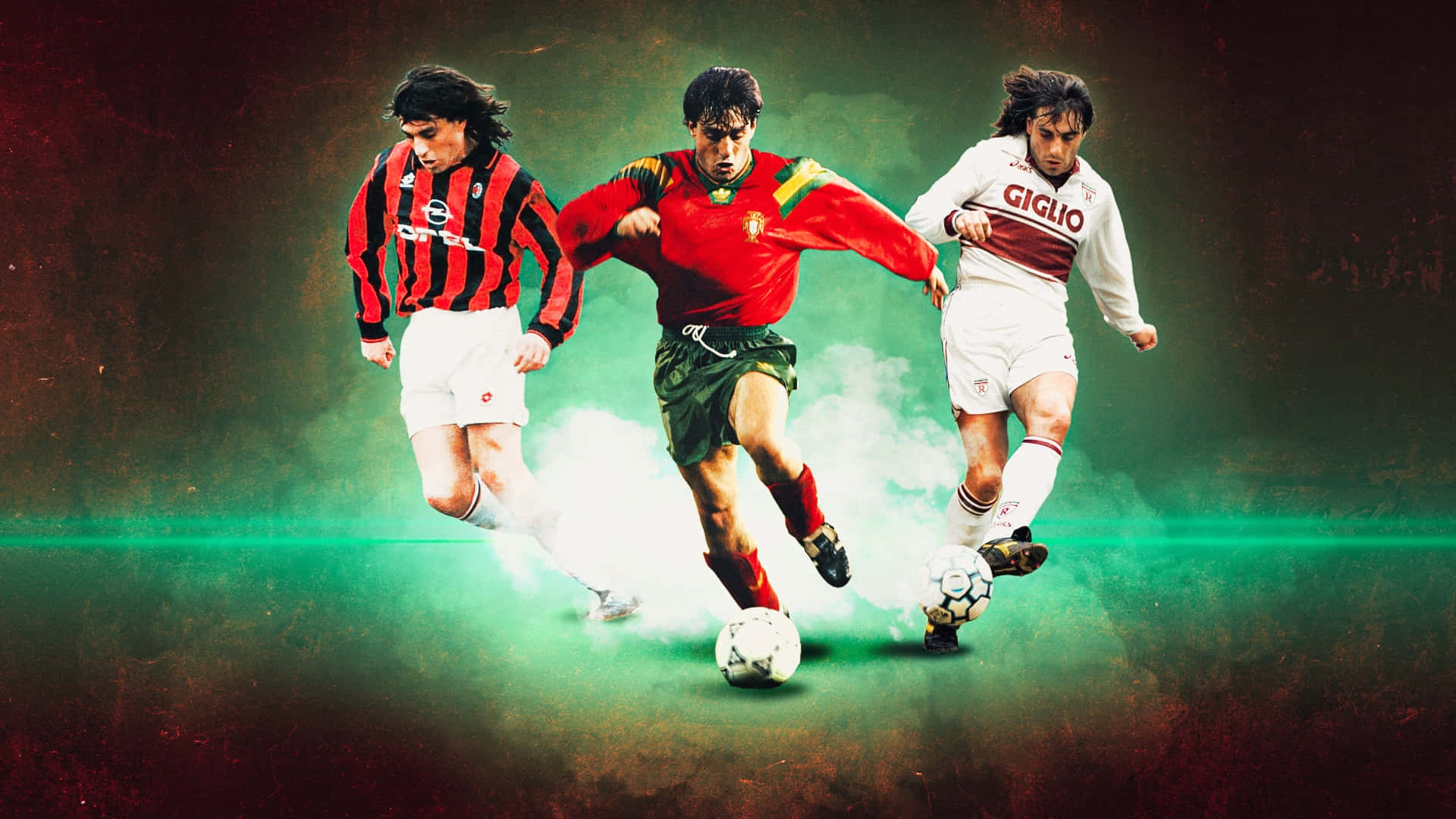 Paulo Futre, vintage kits, smoky green and red backdrop, Full HD Desktop Wallpaper