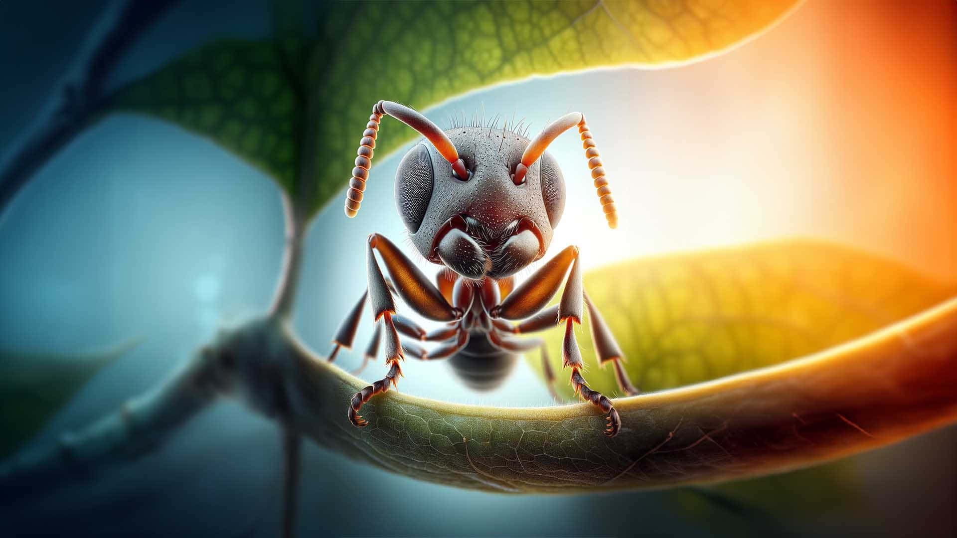 Pavement Ant, green leaf, warm backlighting, Full HD Desktop Wallpaper