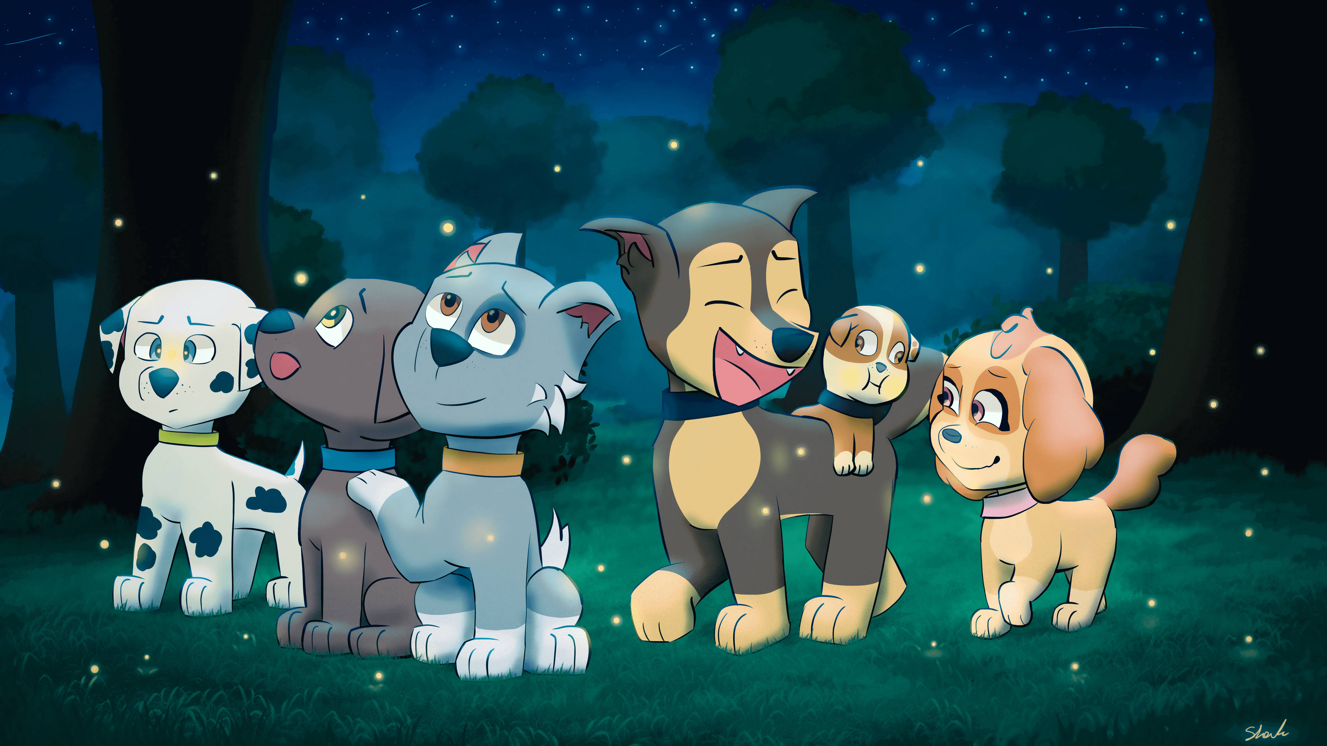 Paw Patrol, animated puppies, starry forest, 4K Desktop Wallpaper