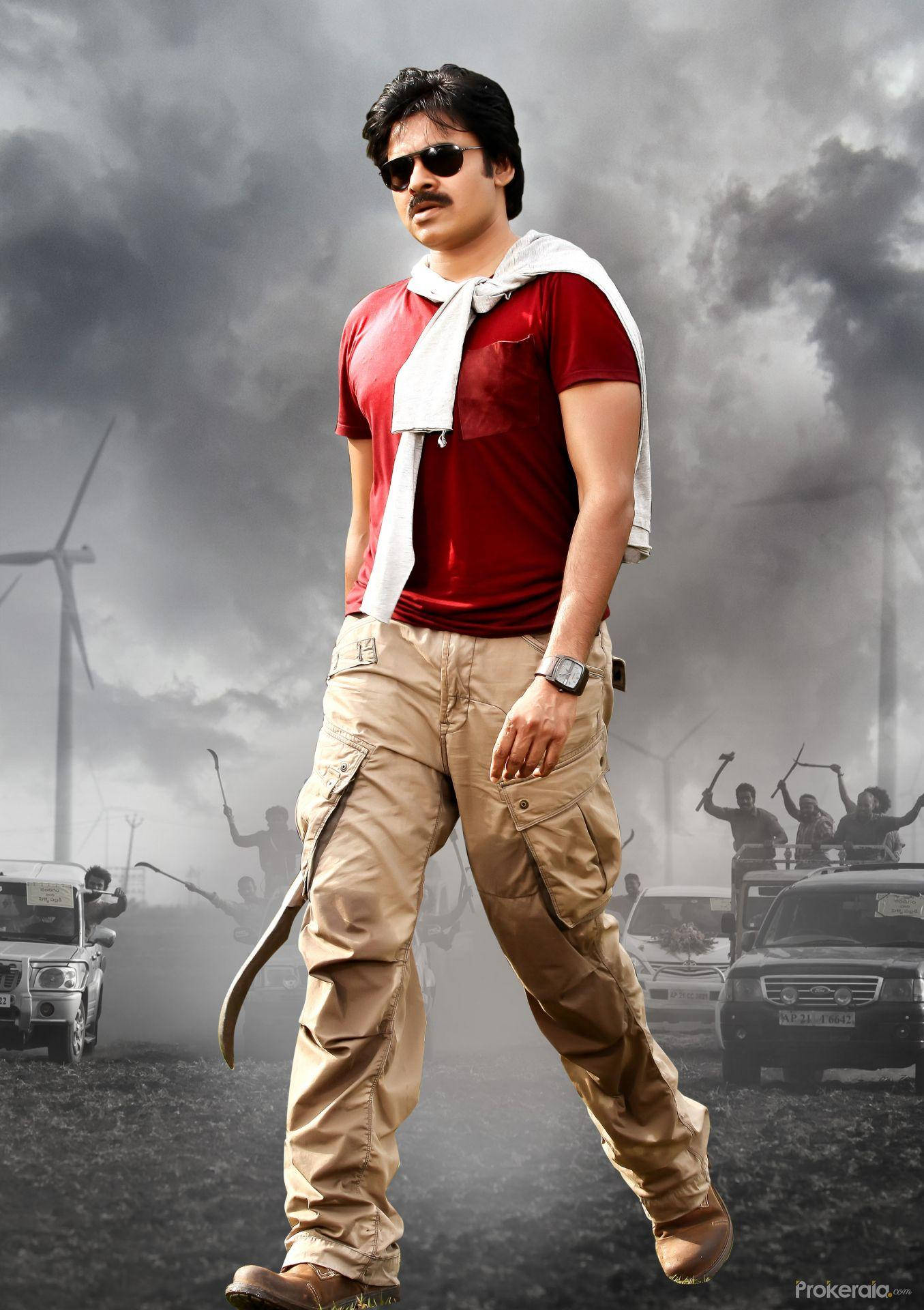 Pawan Kalyan, red shirt, khaki pants, Full HD Phone Wallpaper
