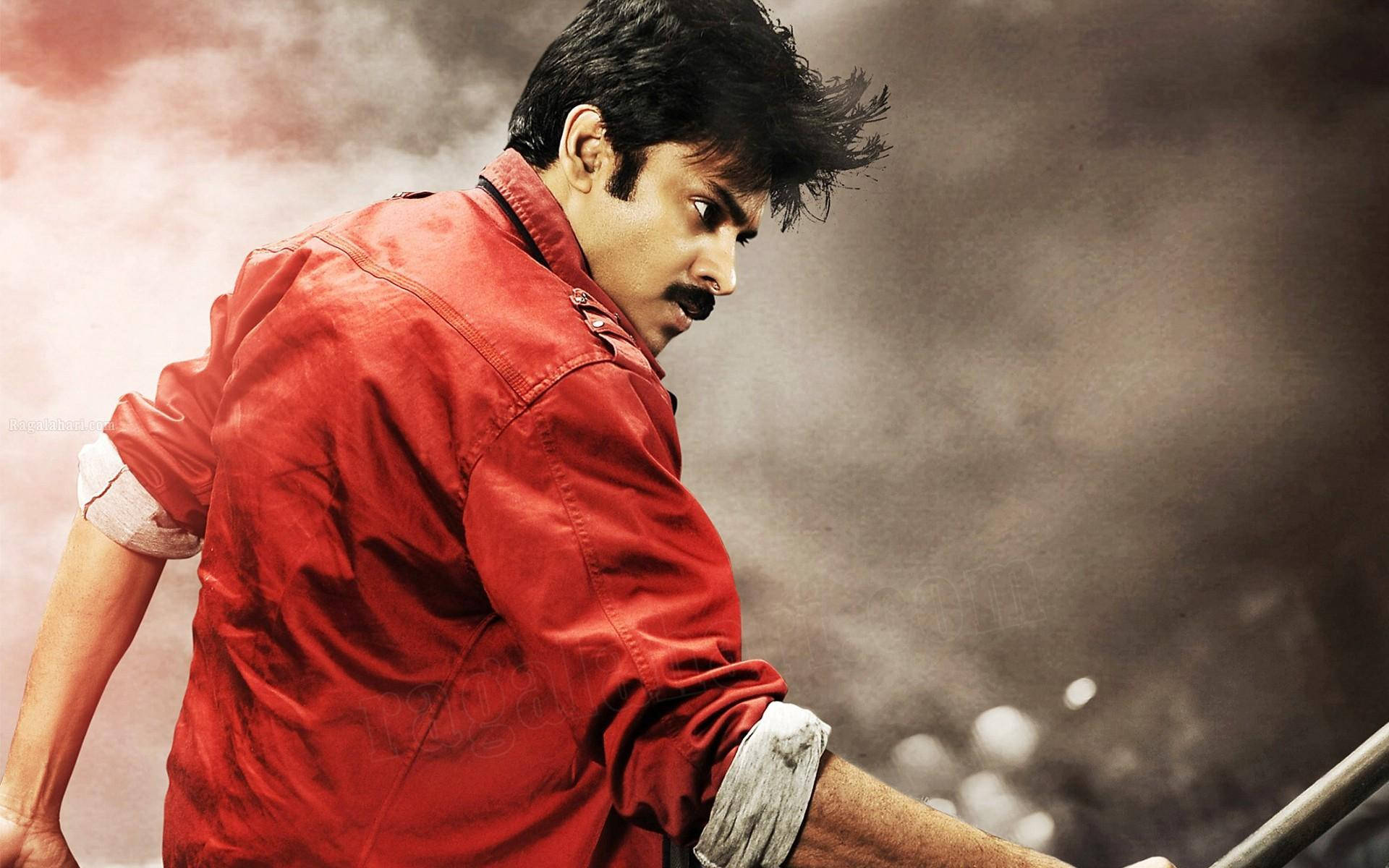 Pawan Kalyan, red jacket, smoky backdrop, Full HD Desktop Wallpaper