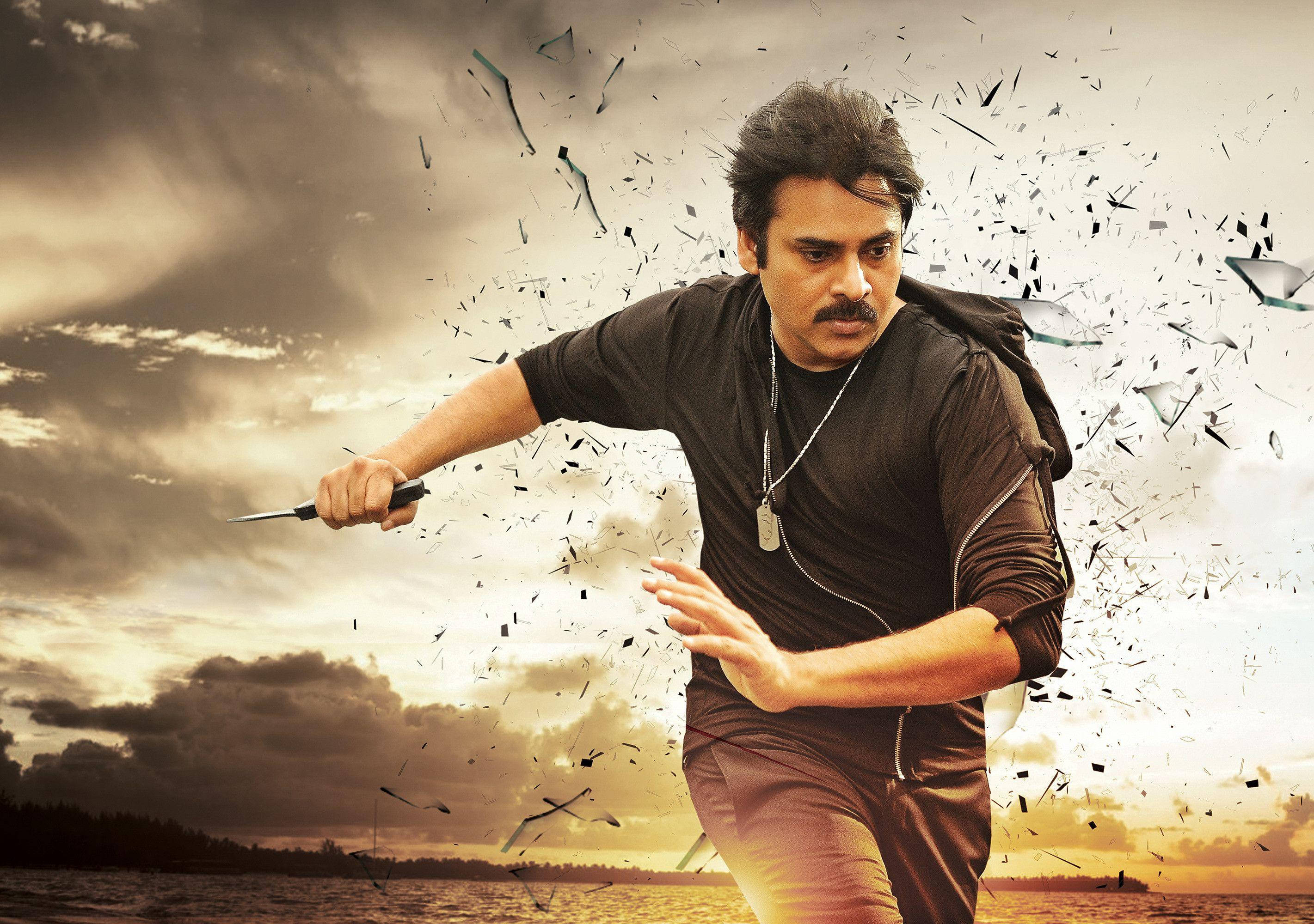 Pawan Kalyan, knife, stormy sky, 2K Desktop Wallpaper