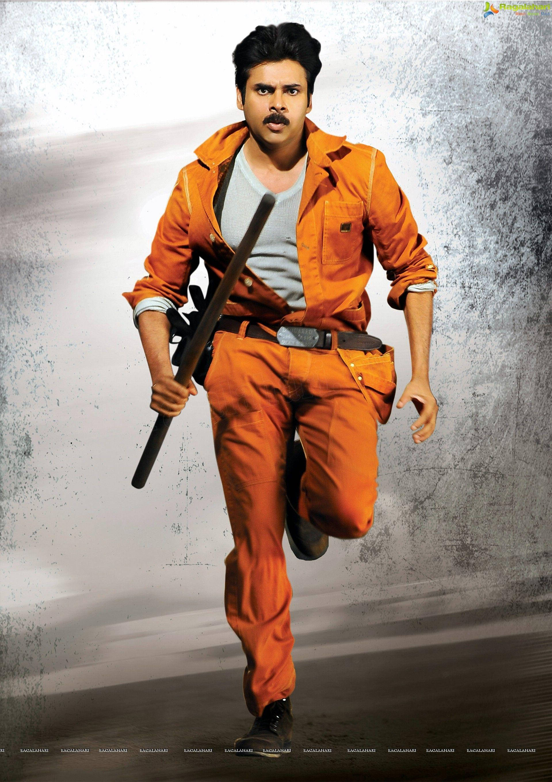 Pawan Kalyan, orange jumpsuit, wooden stick, 2K Phone Wallpaper