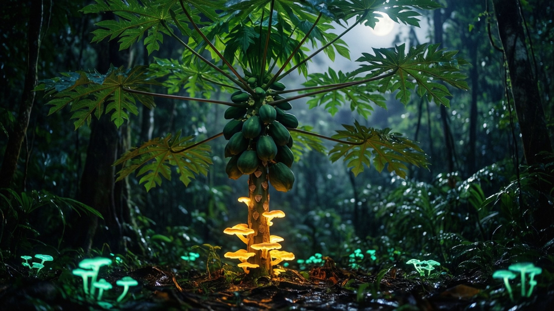 Night Rainforest Pawpaw, pawpaw tree, glowing fungi, Full HD Desktop Wallpaper