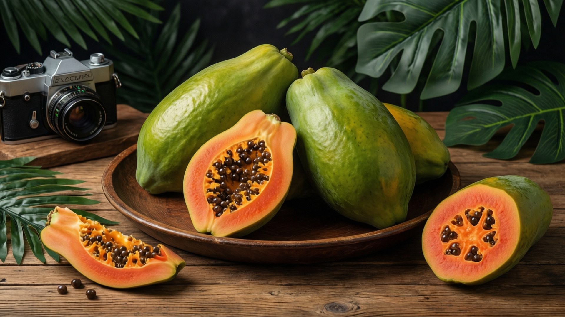 pawpaw, wooden table, vintage props, Full HD Desktop Wallpaper
